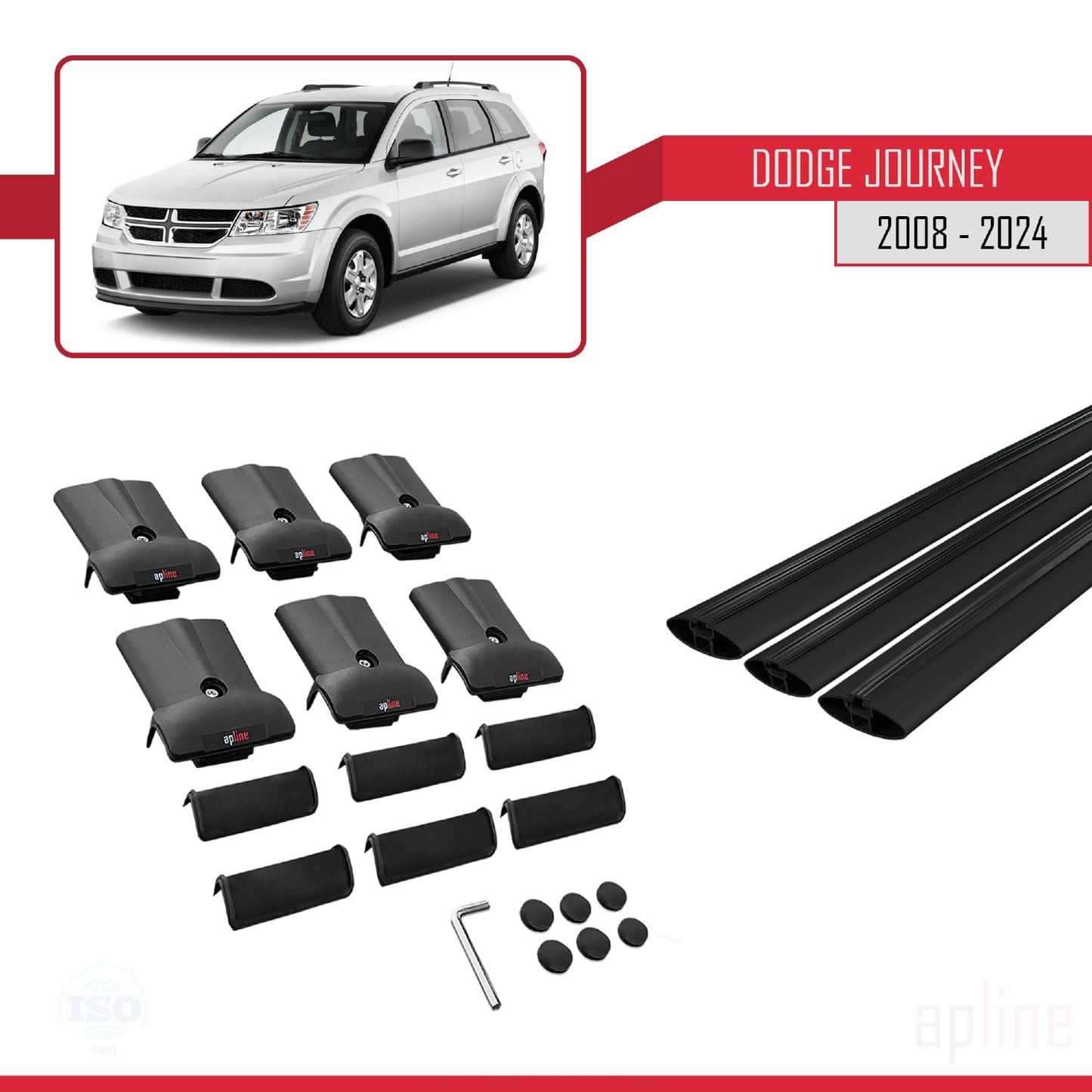 Kompatibel mit Dodge Journey 2008-2024 FLY Modell Dachgepäckträger, schwarzes Aluminium, 3 Stangen