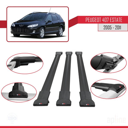 Compatible avec Peugeot 407 Break 2005-2011 FLY Model Barres de Toit Railing Porte-Bagages de Voiture Noir Aluminium 3 Barres