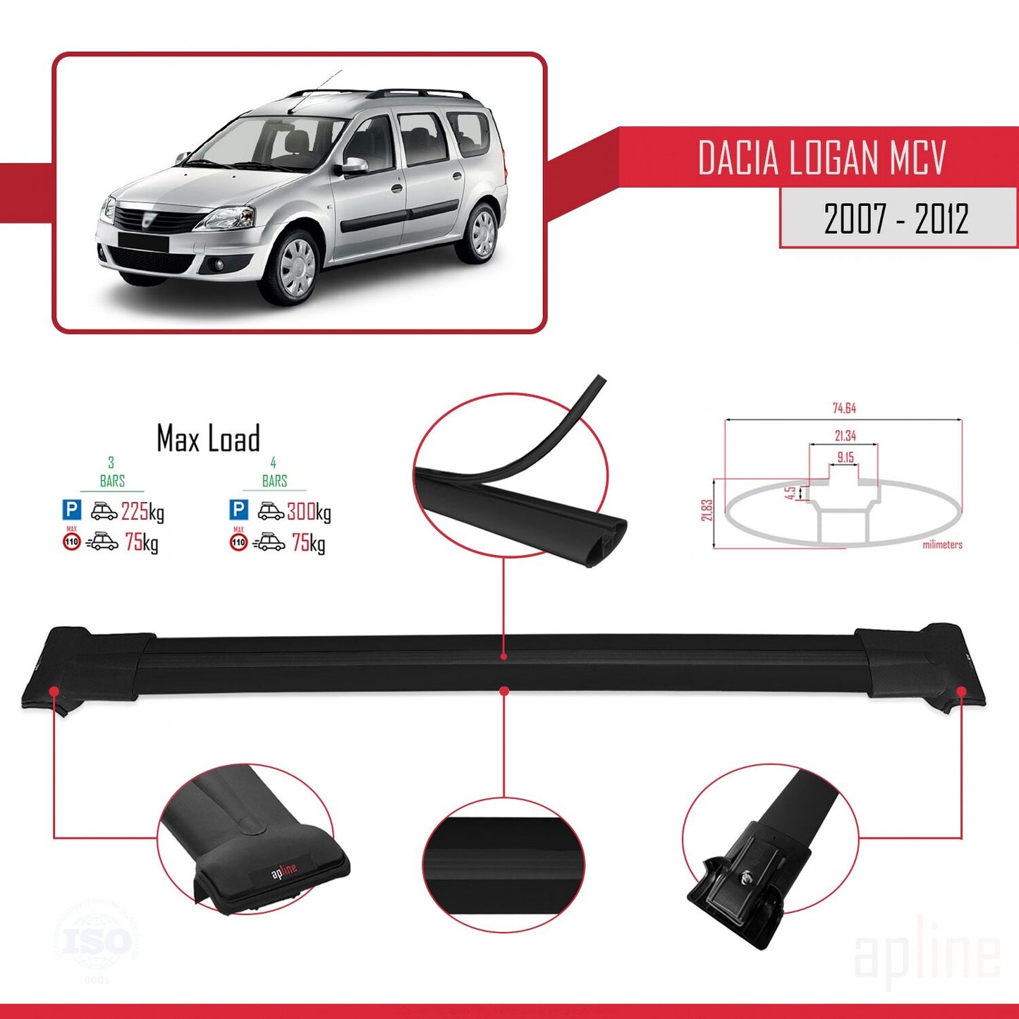 Compatible avec Dacia Logan 2 MCV (K52) 2007-2012 FLY Model Barres de Toit Railing Porte-Bagages de Voiture Noir Aluminium 3 Barres