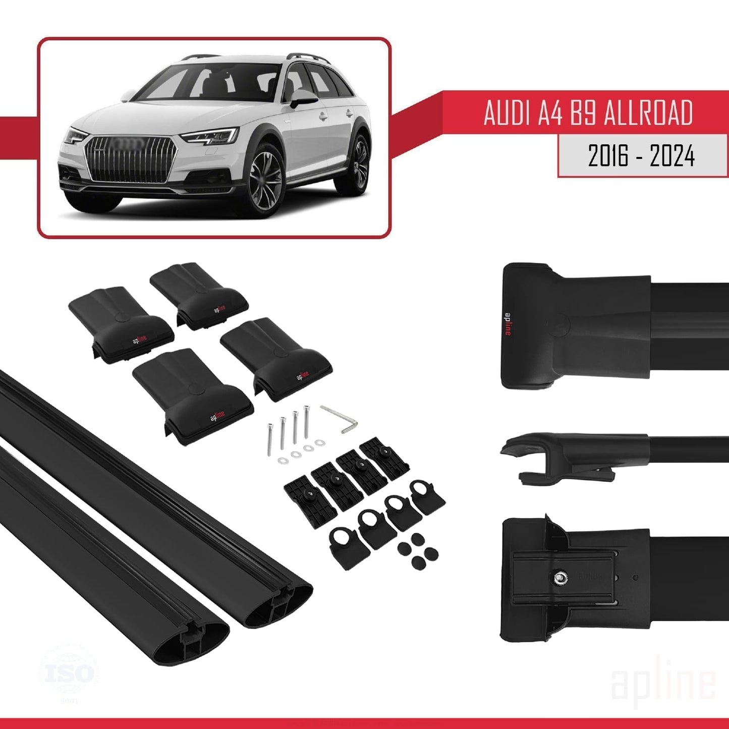 Kompatibel mit A4 (B9) Allroad 2016-2025 FLY Modell Dachgepäckträger, schwarzes Aluminium, 2 Stangen