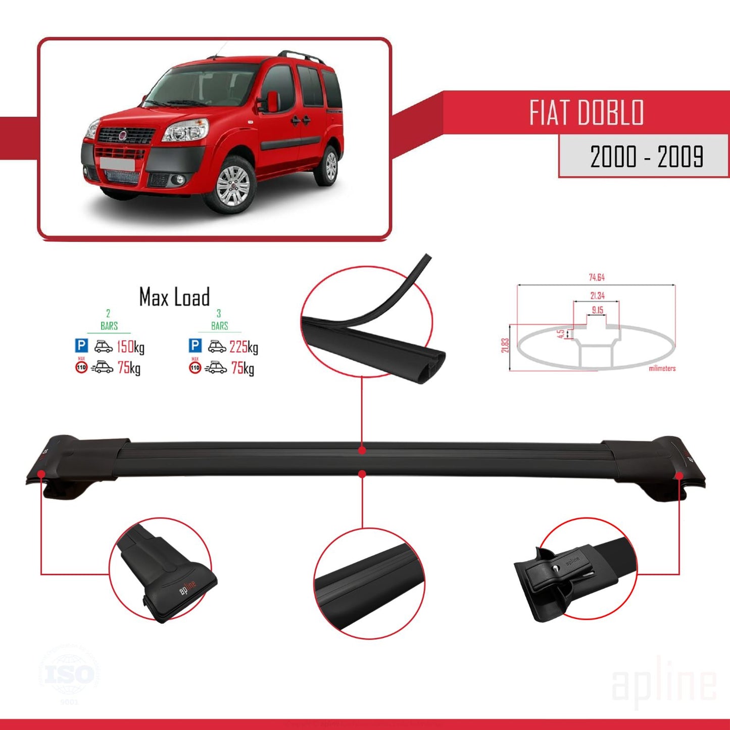 Compatible avec Fiat Doblo 2000-2009 V2 FLY Model Barres de Toit Railing Porte-Bagages de Voiture Noir Aluminium 3 Barres