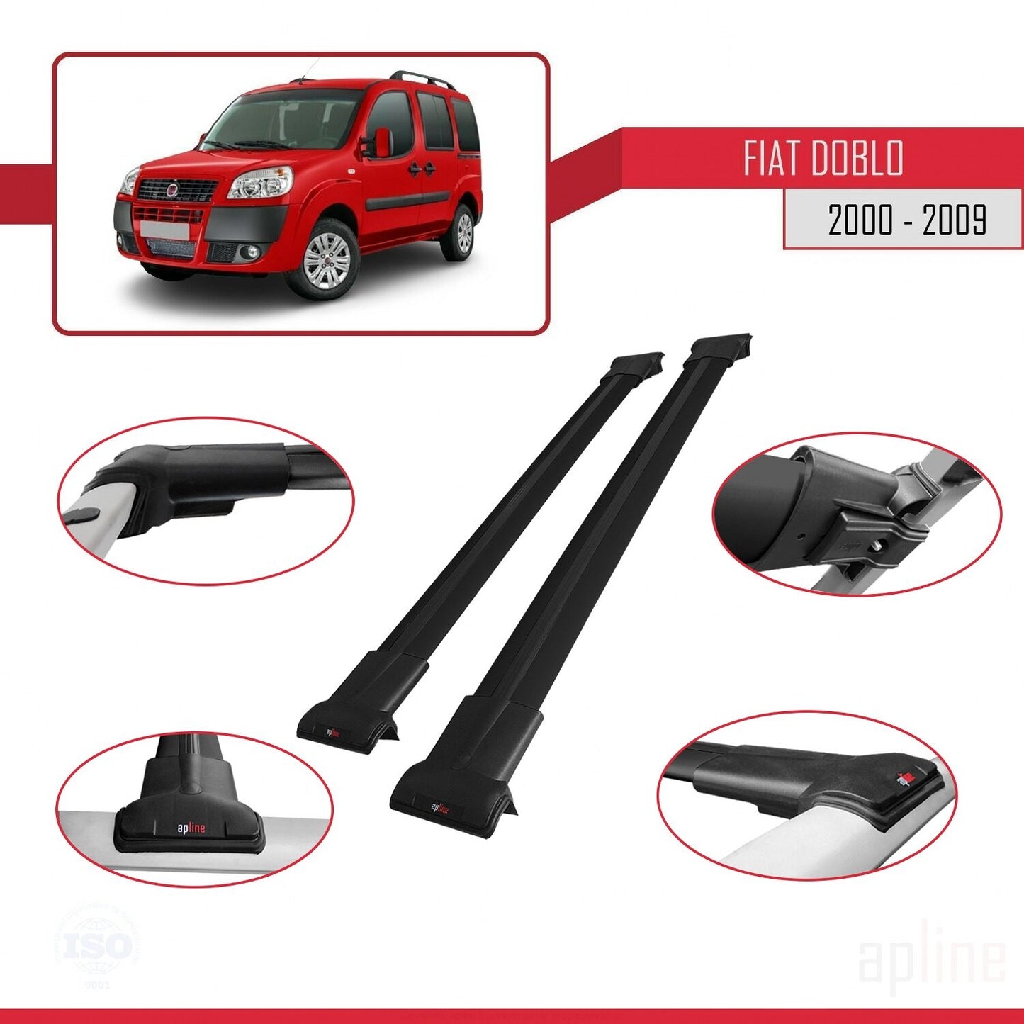 Kompatibel mit Fiat Doblo 2000-2009 FLY Modell Dachgepäckträger, schwarzes Aluminium, 2 Stangen