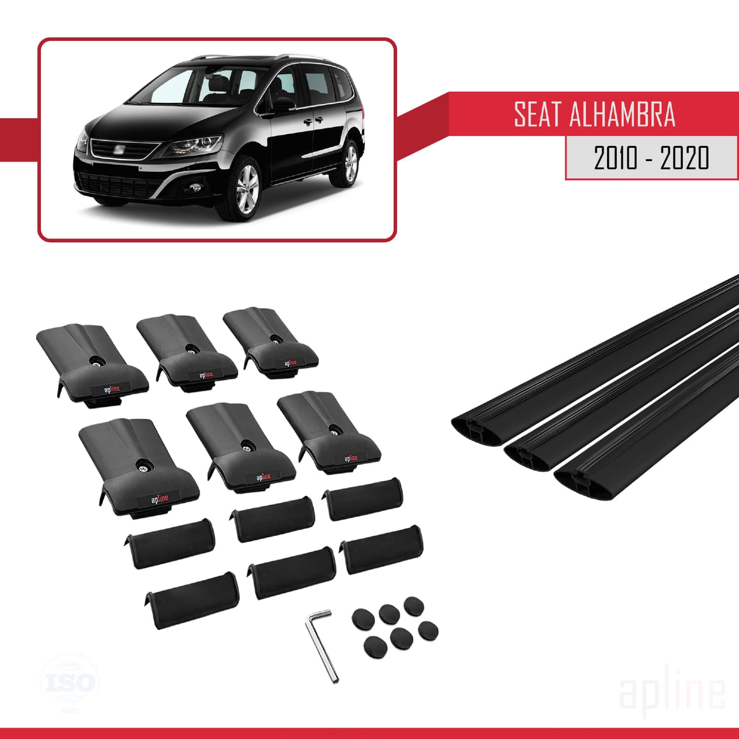 Compatible avec Seat Alhambra 2 (7N) 2010-2020 FLY Model Barres de Toit Railing Porte-Bagages de Voiture Noir Aluminium 3 Barres