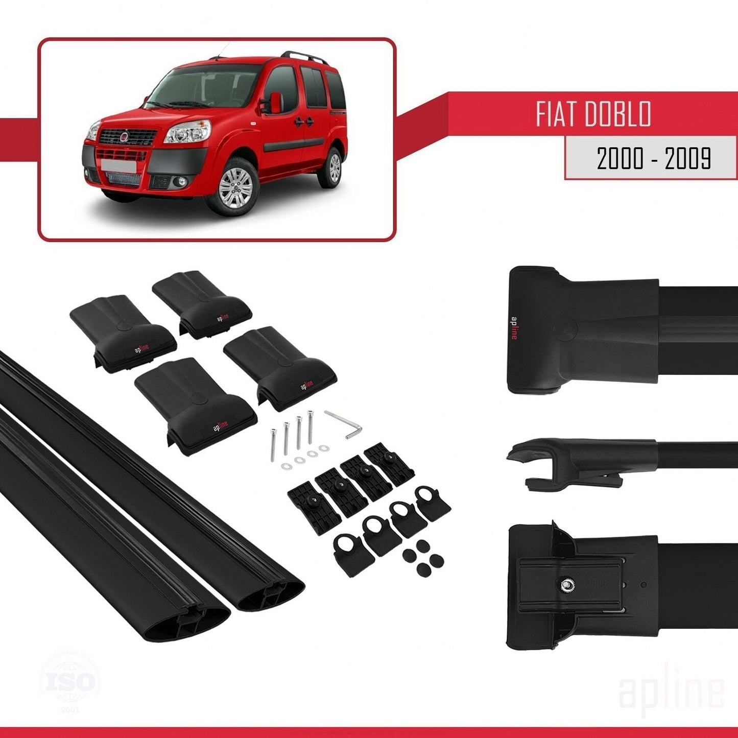 Kompatibel mit Fiat Doblo 2000-2009 FLY Modell Dachgepäckträger, schwarzes Aluminium, 2 Stangen