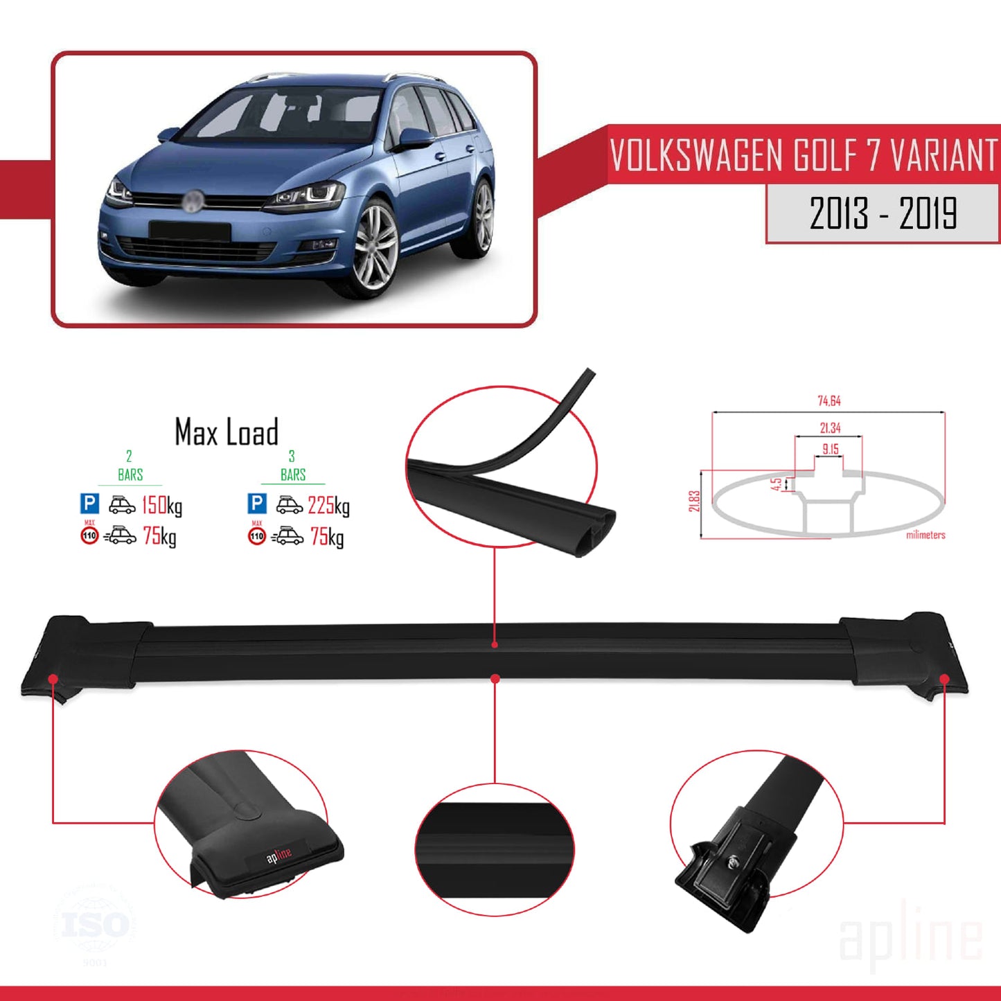 Compatible avec Volkswagen Golf 7 (5G) Variant 2013-2019 FLY Model Barres de Toit Railing Porte-Bagages de Voiture Noir Aluminium 2 Barres