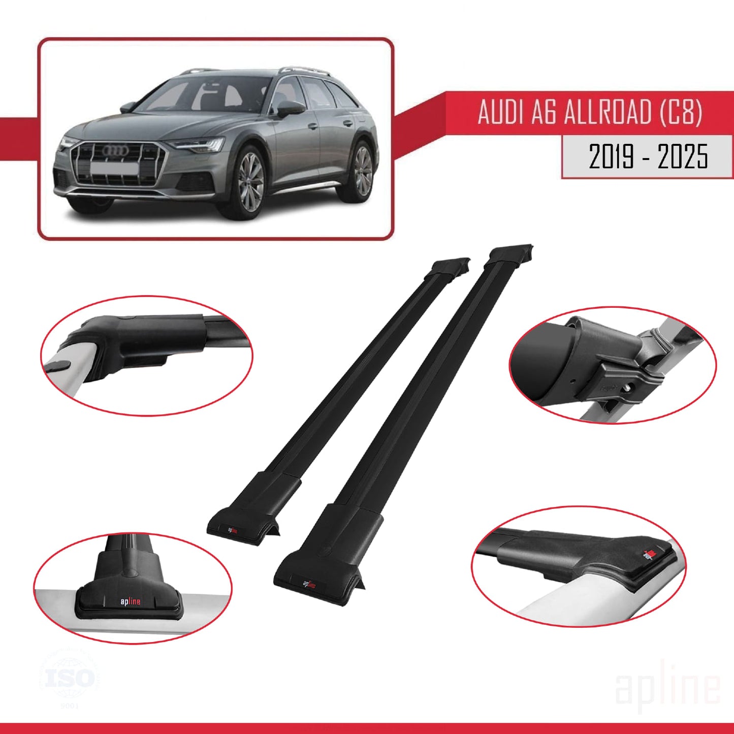 Compatible avec A6 (C8) Allroad 2019-2025 FLY Model Barres de Toit Railing Porte-Bagages de Voiture Noir Aluminium 2 Barres