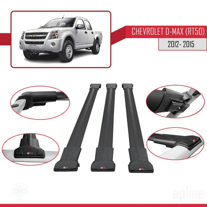 Kompatibel mit Chevrolet D-Max (RT50) 2012-2015 FLY Modell Dachgepäckträger, schwarzes Aluminium, 3 Stangen