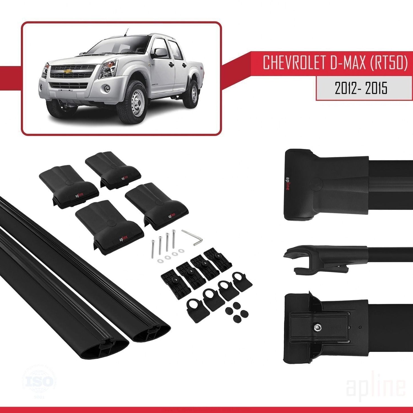 Kompatibel mit Chevrolet D-Max (RT50) 2012-2015 FLY Modell Dachgepäckträger, schwarzes Aluminium, 2 Stangen