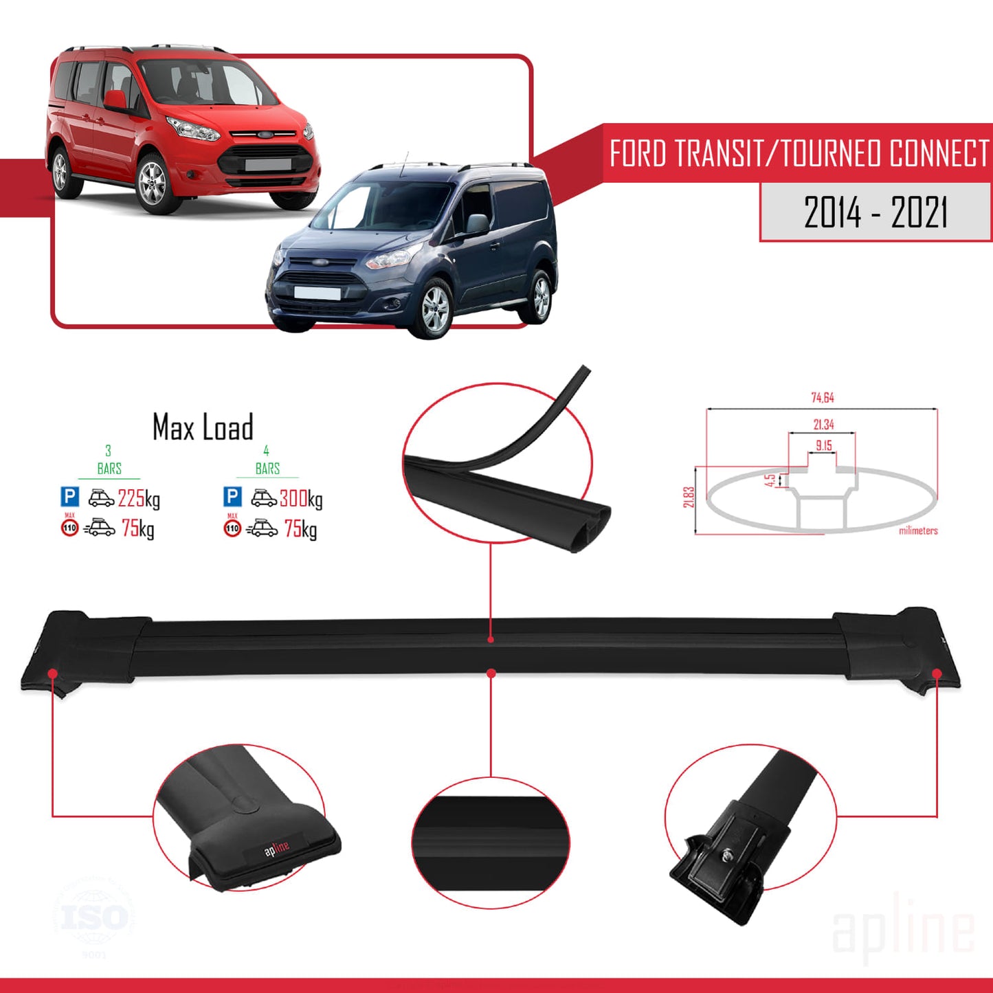 Compatible avec Ford Transit/Tourneo Connect 2 2014-2021 FLY Model Barres de Toit Railing Porte-Bagages de Voiture Noir Aluminium 3 Barres