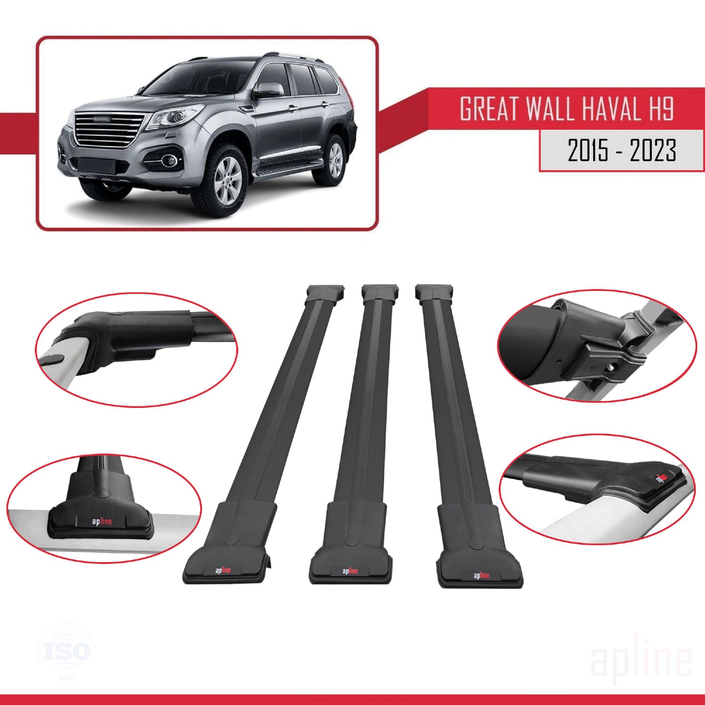 Compatible with Great Wall Haval H9 2015-2023 FLY Model Car Roof Rack Cross Bar Black Aluminium 3 Bars