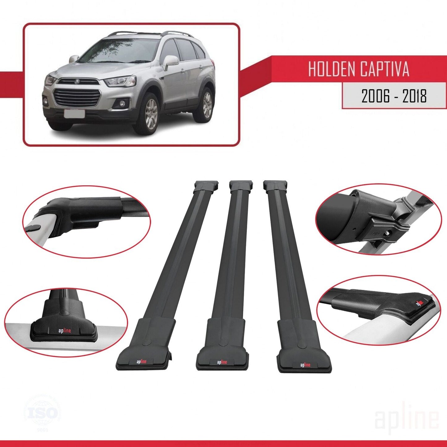Compatible avec Holden Captiva 2006-2018 FLY Model Barres de Toit Railing Porte-Bagages de Voiture Noir Aluminium 3 Barres
