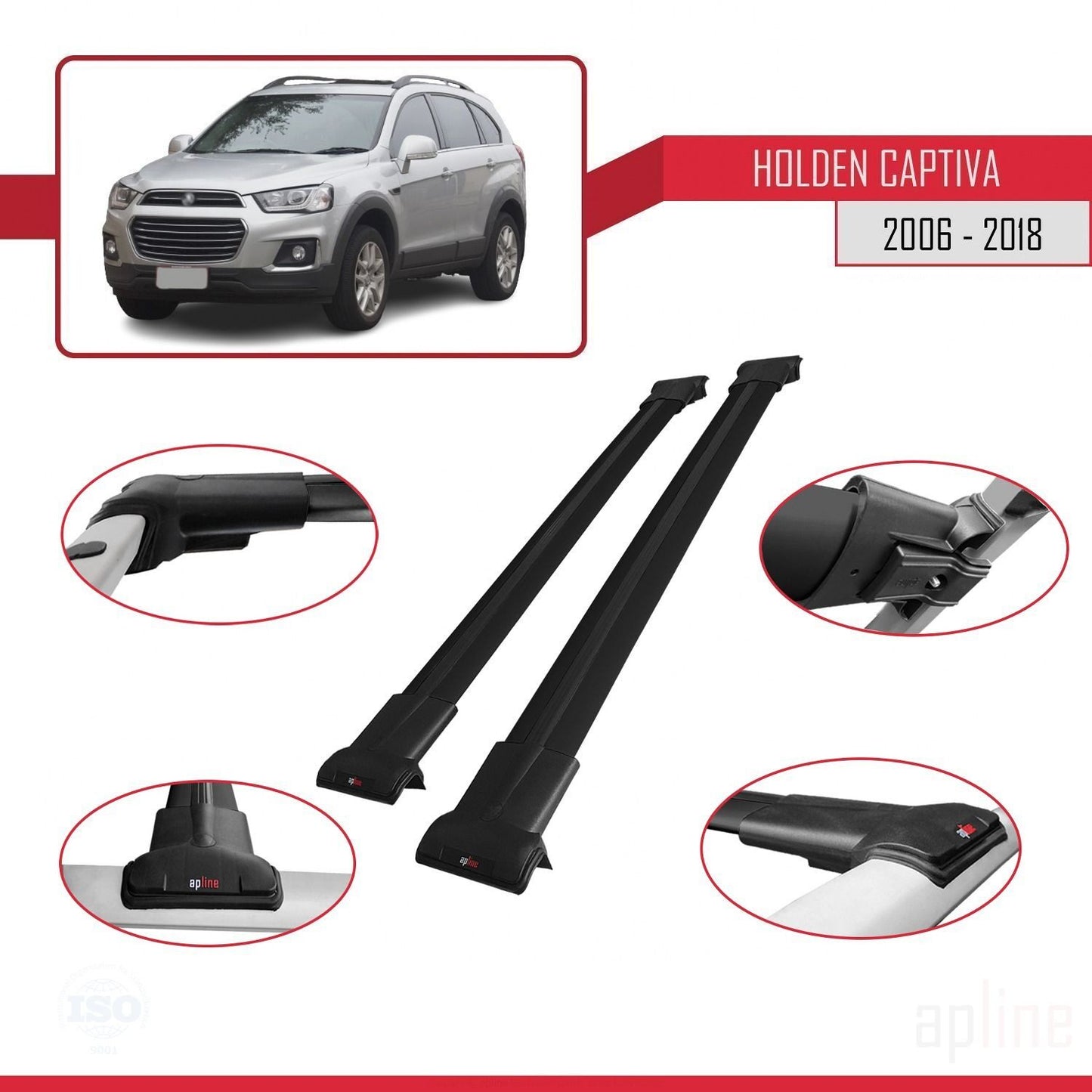 Kompatibel mit Holden Captiva 2006-2018 FLY Modell Dachgepäckträger, schwarzes Aluminium, 2 Stangen