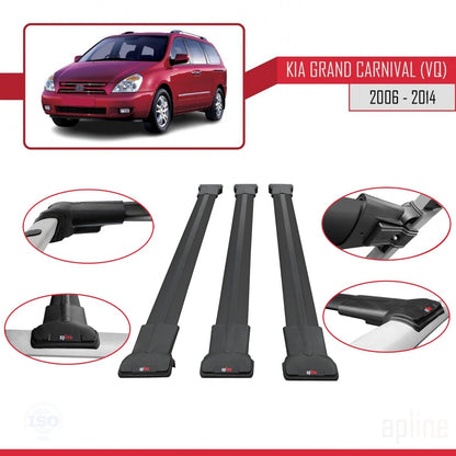 Compatible avec Kia Grand Carnival 2 (VQ) 2006-2014 FLY Model Barres de Toit Railing Porte-Bagages de Voiture Noir Aluminium 3 Barres