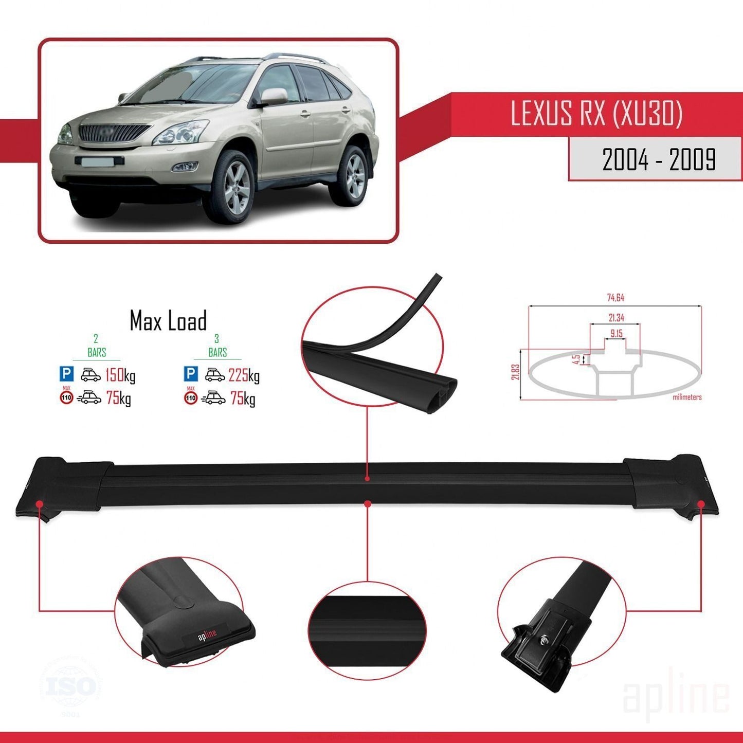 Compatible avec Lexus RX 2 (XU30) 2004-2009 FLY Model Barres de Toit Railing Porte-Bagages de Voiture Noir Aluminium 2 Barres
