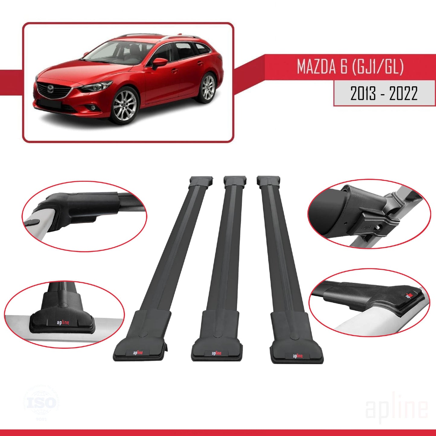 Compatible avec Mazda 6 III (GJ1/GL) 2013-2022 FLY Model Barres de Toit Railing Porte-Bagages de Voiture Noir Aluminium 3 Barres