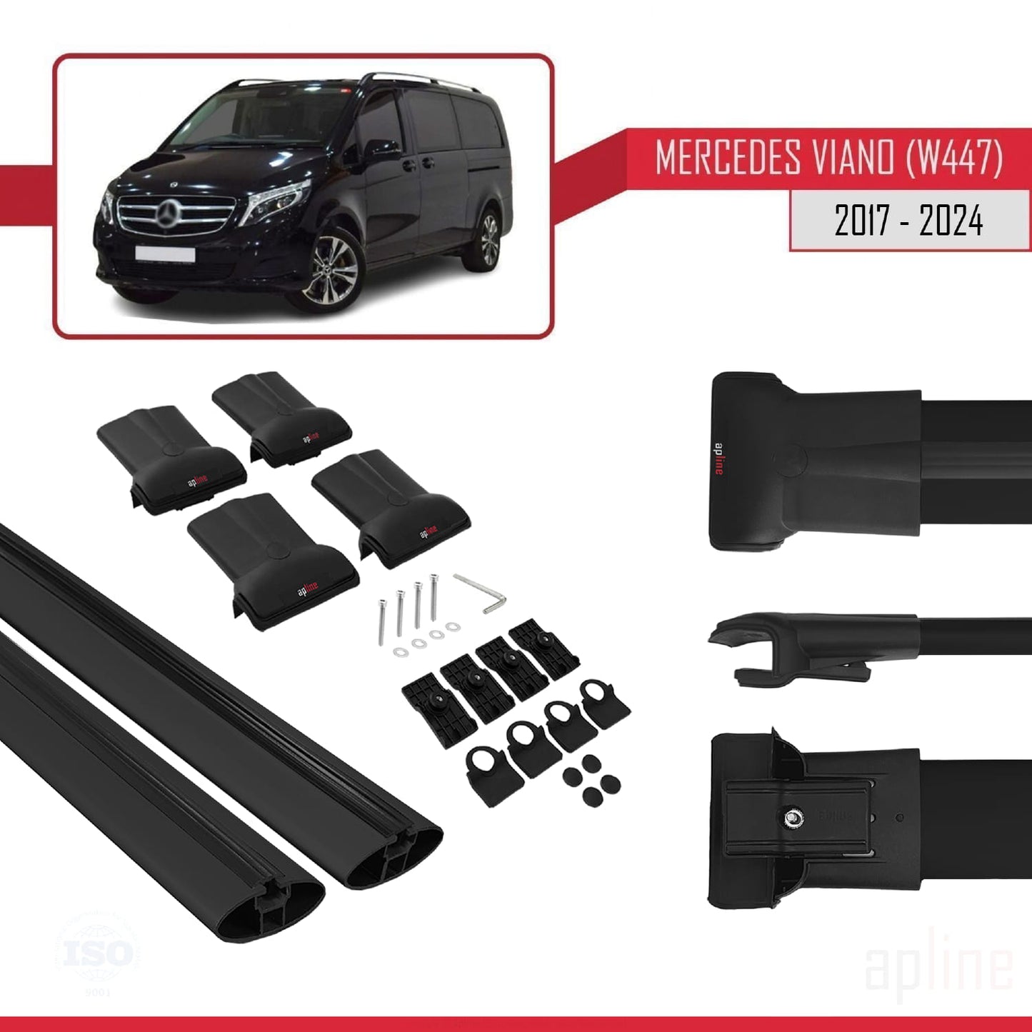 Compatible with Mercedes Viano 3 (W447) 2014-2025 FLY Model Car Roof Rack Cross Bar Black Aluminium 2 Bars
