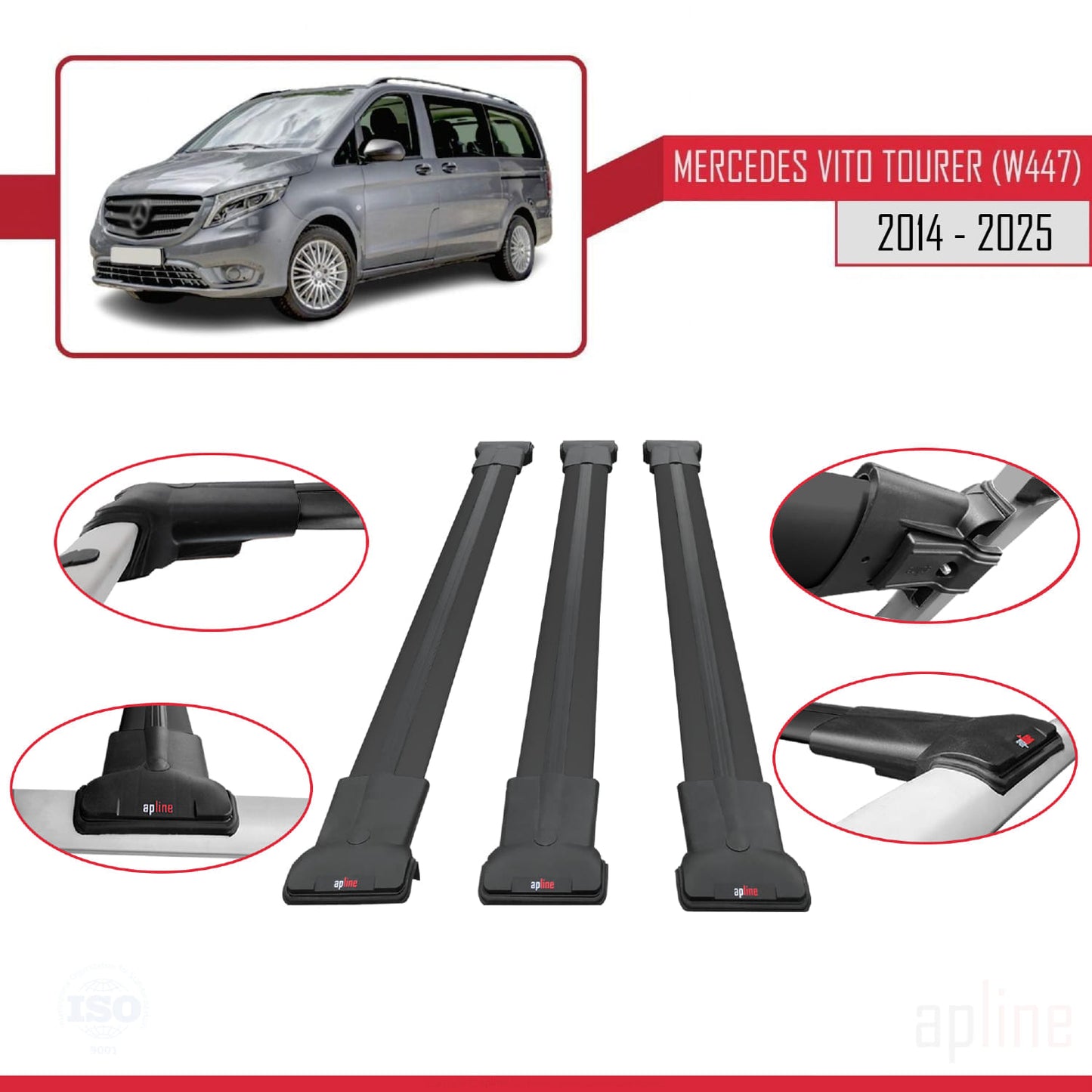 Compatible avec Mercedes Vito Tourer (W447) 2014-2025 FLY Model Barres de Toit Railing Porte-Bagages de Voiture Noir Aluminium 3 Barres