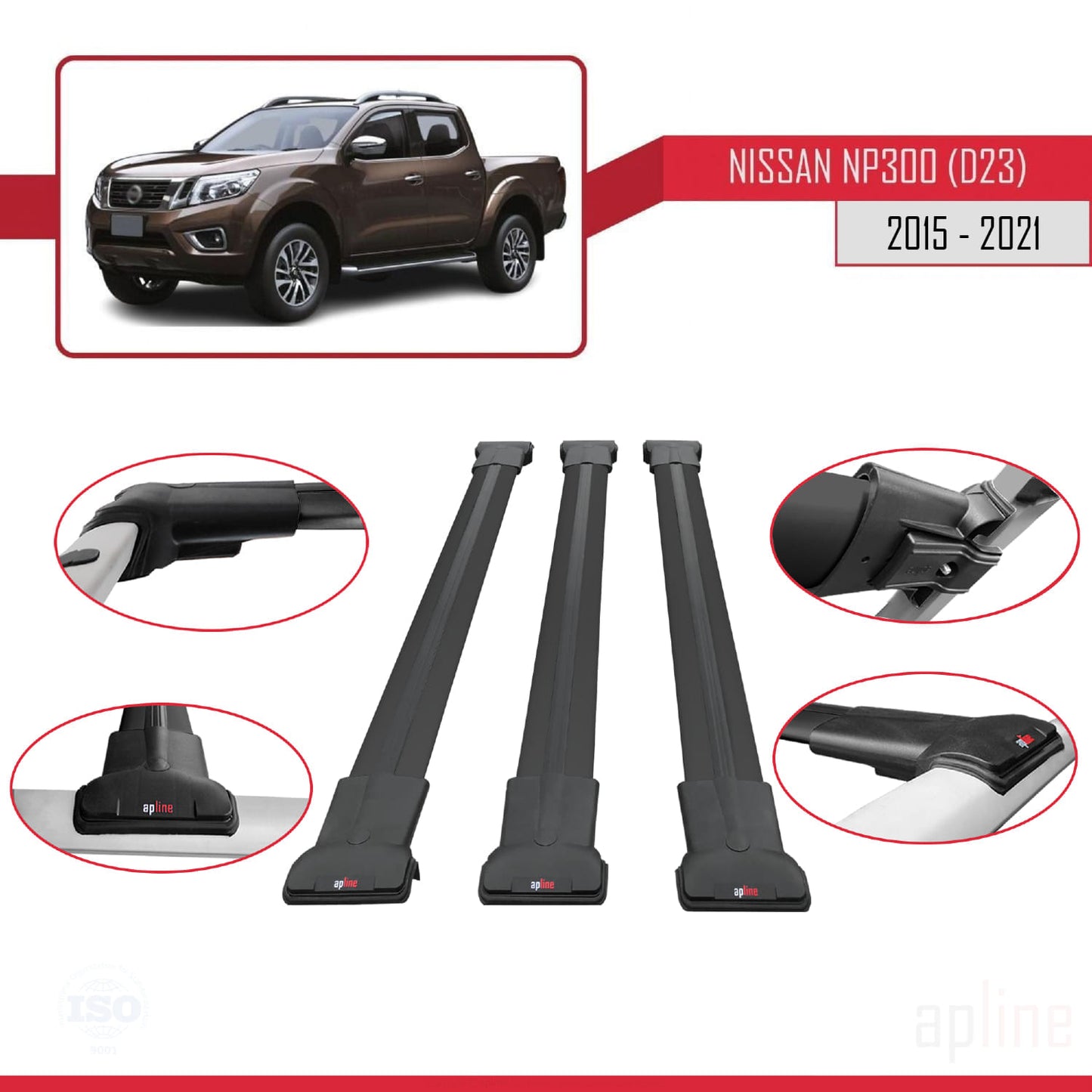 Compatible avec Nissan NP300 (D23) 2015-2021 FLY Model Barres de Toit Railing Porte-Bagages de Voiture Noir Aluminium 3 Barres