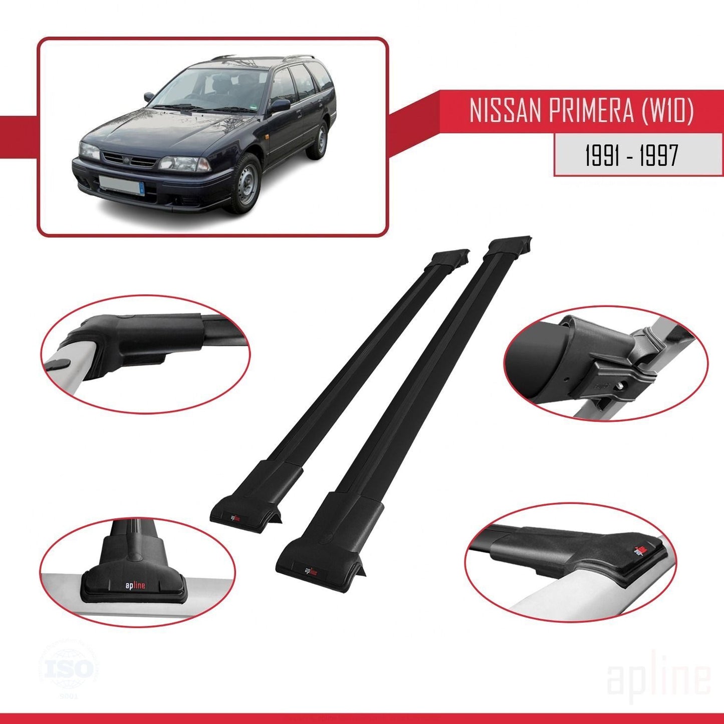 Compatible avec Nissan Primera (W10) Traveller 1991-1997 FLY Model Barres de Toit Railing Porte-Bagages de Voiture Noir Aluminium 2 Barres