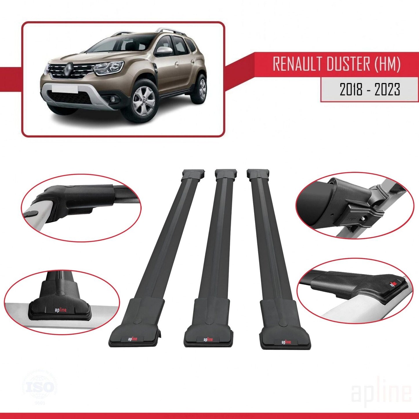 Compatible with Renault Duster 2 (HM) 2018-2024 FLY Model Car Roof Rack Cross Bar Black Aluminium 3 Bars