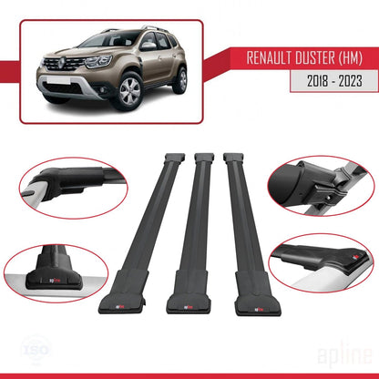 Compatible with Renault Duster 2 (HM) 2018-2024 FLY Model Car Roof Rack Cross Bar Black Aluminium 3 Bars