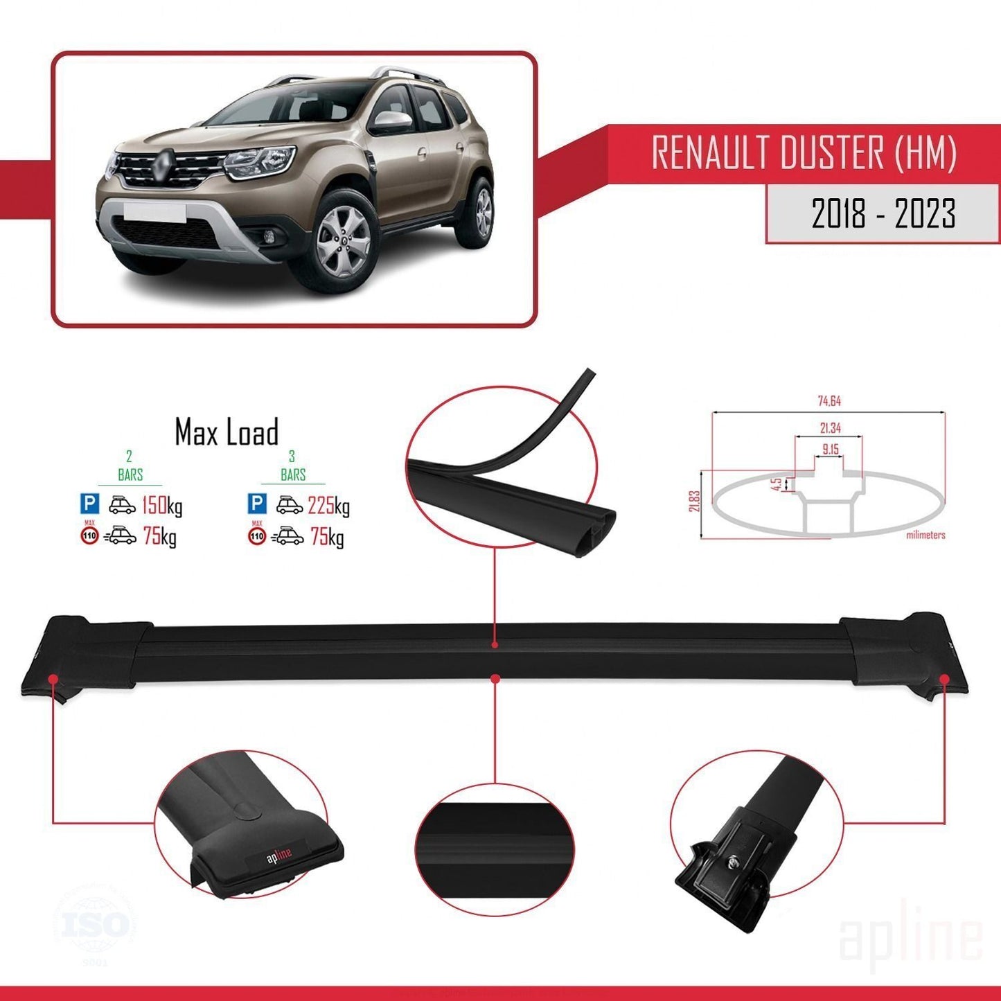 Compatible with Renault Duster 2 (HM) 2018-2024 FLY Model Car Roof Rack Cross Bar Black Aluminium 2 Bars