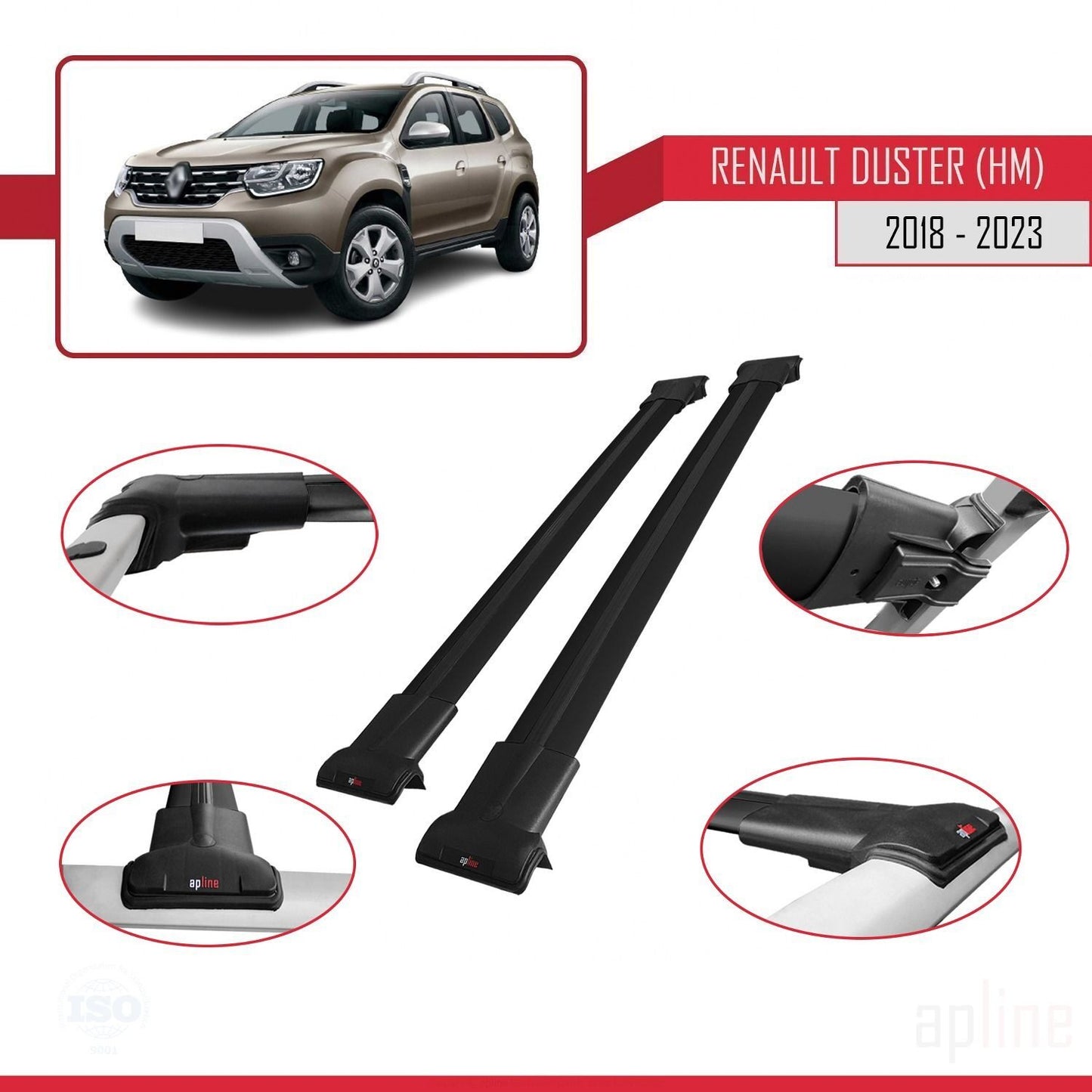 Compatible with Renault Duster 2 (HM) 2018-2024 FLY Model Car Roof Rack Cross Bar Black Aluminium 2 Bars