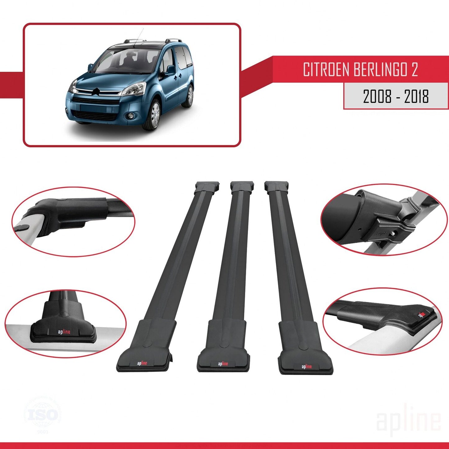 Compatible avec Citroen Berlingo 2 (B9) 2008-2018 FLY Model Barres de Toit Railing Porte-Bagages de Voiture Noir Aluminium 3 Barres