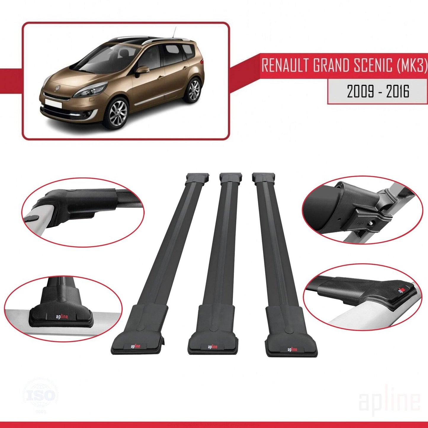 Compatible with Renault Grand Scenic 3 2009-2016 FLY Model Car Roof Rack Cross Bar Black Aluminium 3 Bars