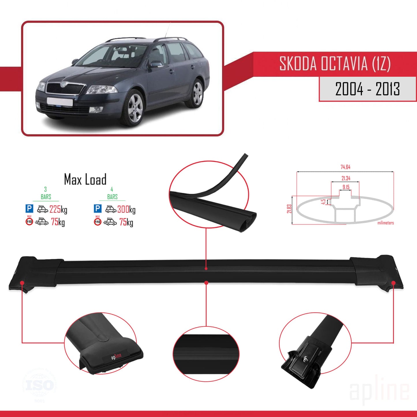 Compatible avec Skoda Octavia 2 (1Z) 2004-2013 FLY Model Barres de Toit Railing Porte-Bagages de Voiture Noir Aluminium 3 Barres