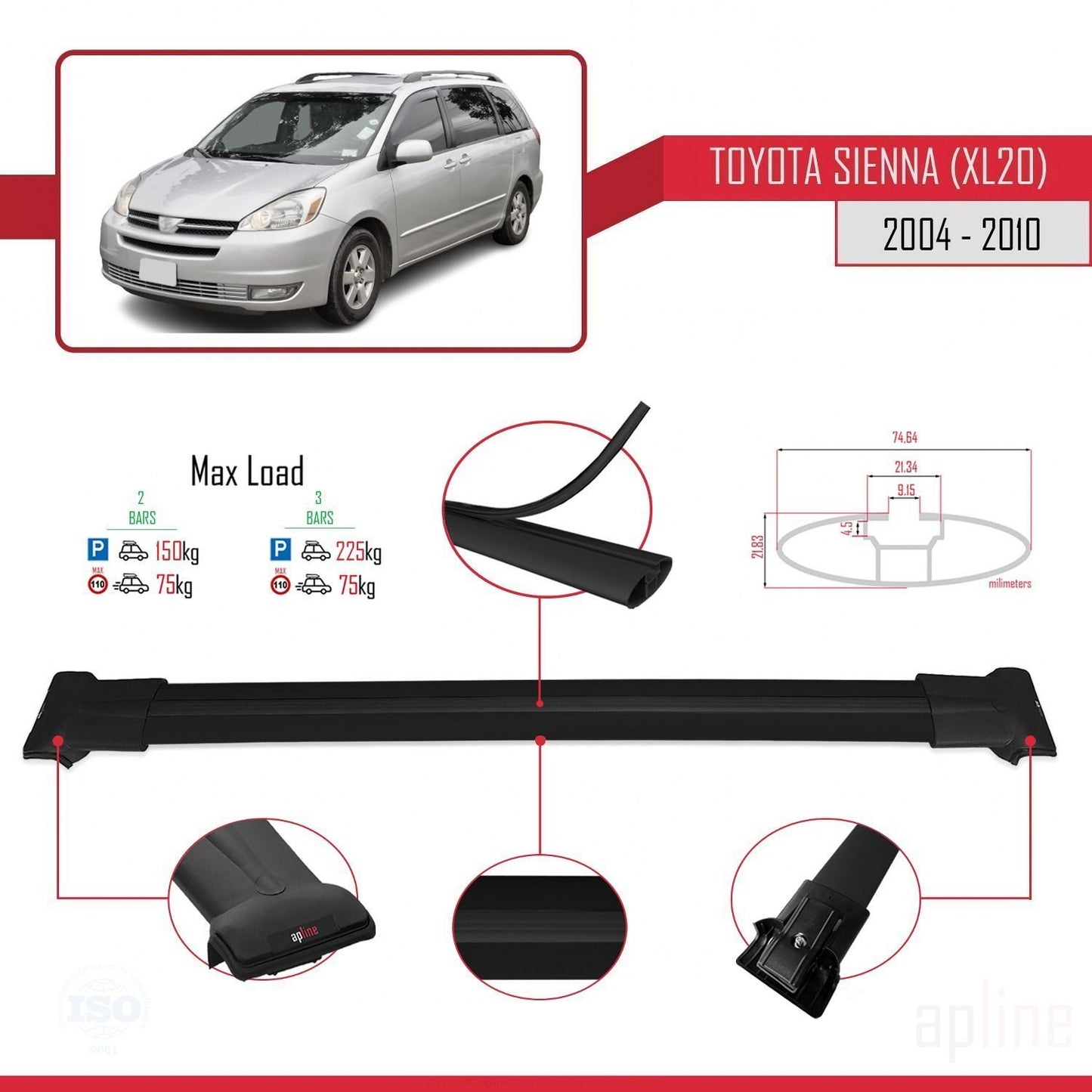 Compatible avec Toyota Sienna 2 (XL20) 2004-2010 FLY Model Barres de Toit Railing Porte-Bagages de Voiture Noir Aluminium 2 Barres