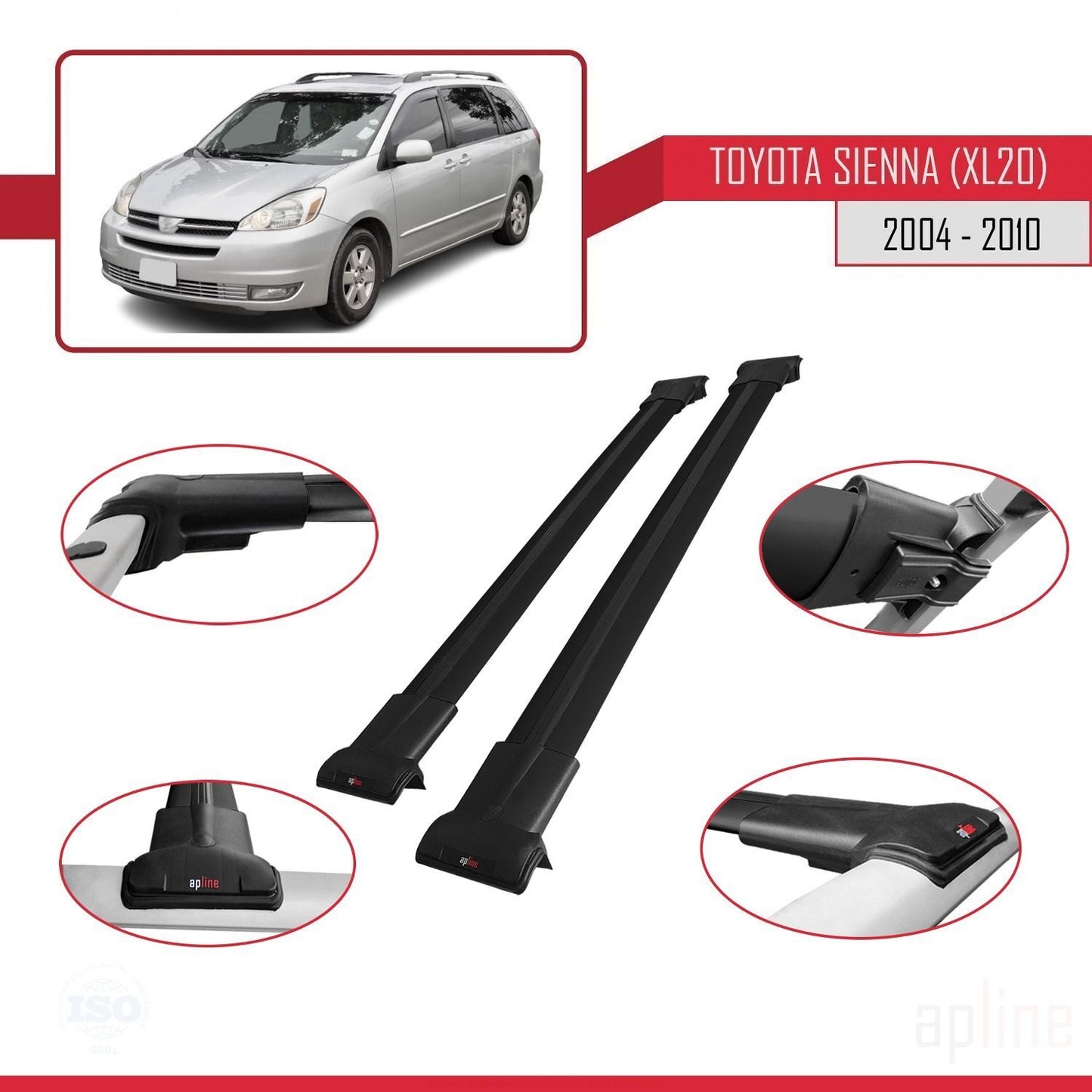 Compatible avec Toyota Sienna 2 (XL20) 2004-2010 FLY Model Barres de Toit Railing Porte-Bagages de Voiture Noir Aluminium 2 Barres