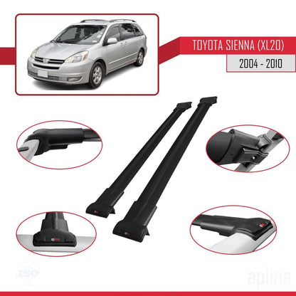 Compatible avec Toyota Sienna 2 (XL20) 2004-2010 FLY Model Barres de Toit Railing Porte-Bagages de Voiture Noir Aluminium 2 Barres