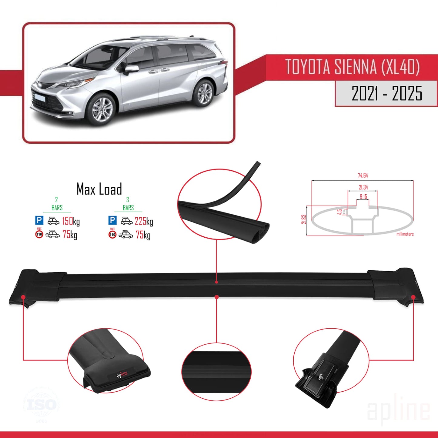 Compatible avec Toyota Sienna 4 (XL40) 2021-2025 FLY Model Barres de Toit Railing Porte-Bagages de Voiture Noir Aluminium 2 Barres