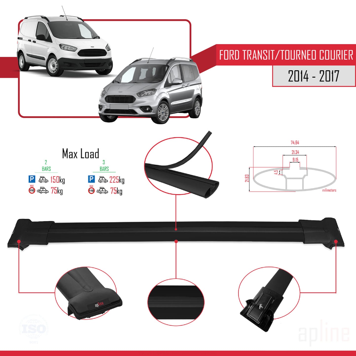 Compatible with Ford Transit/Tourneo Courier Pre-Facelift 2014-2017 FLY Model Car Roof Rack Cross Bar Black Aluminium 2 Bars