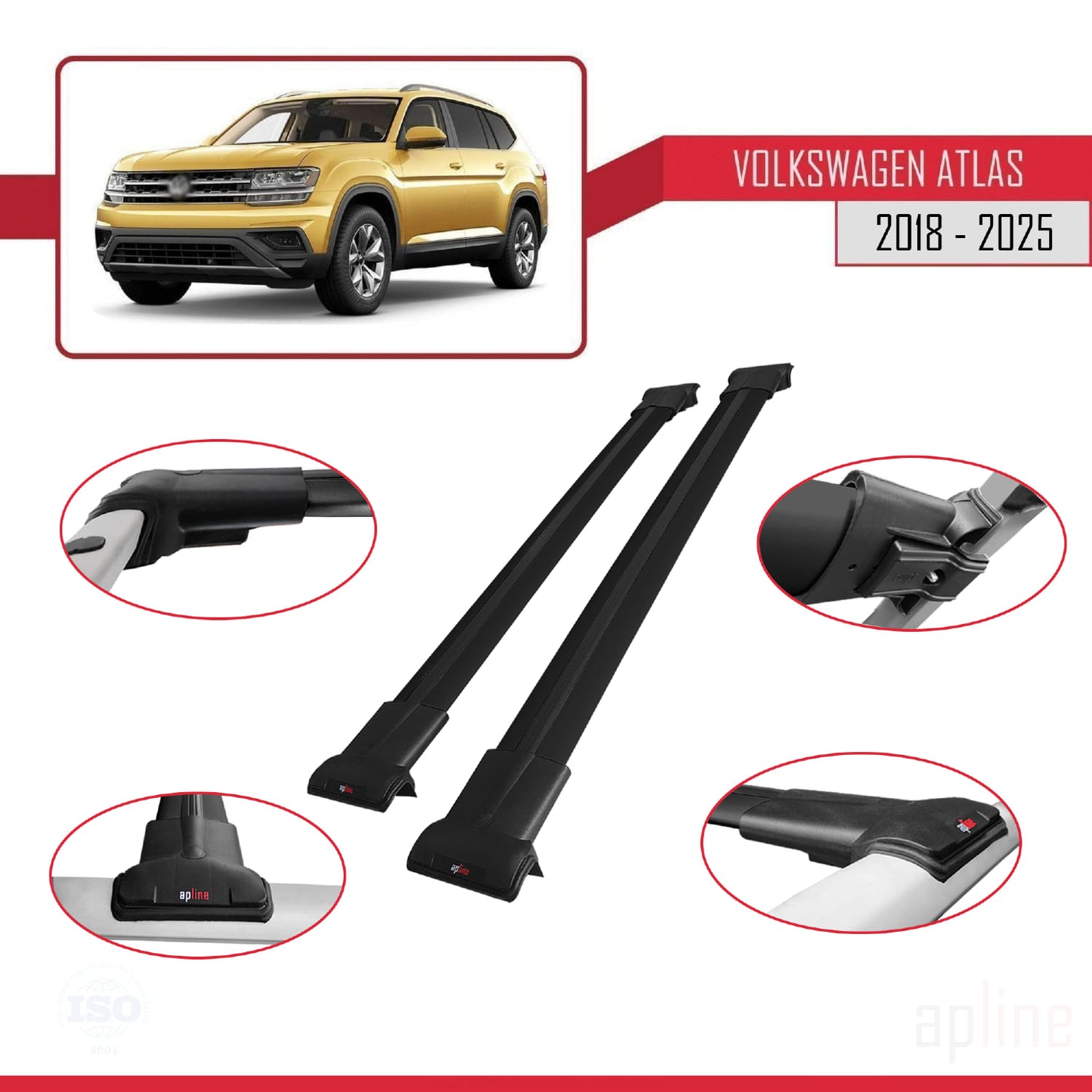 Compatible avec Volkswagen Atlas (CA1) 2018-2025 FLY Model Barres de Toit Railing Porte-Bagages de Voiture Noir Aluminium 2 Barres