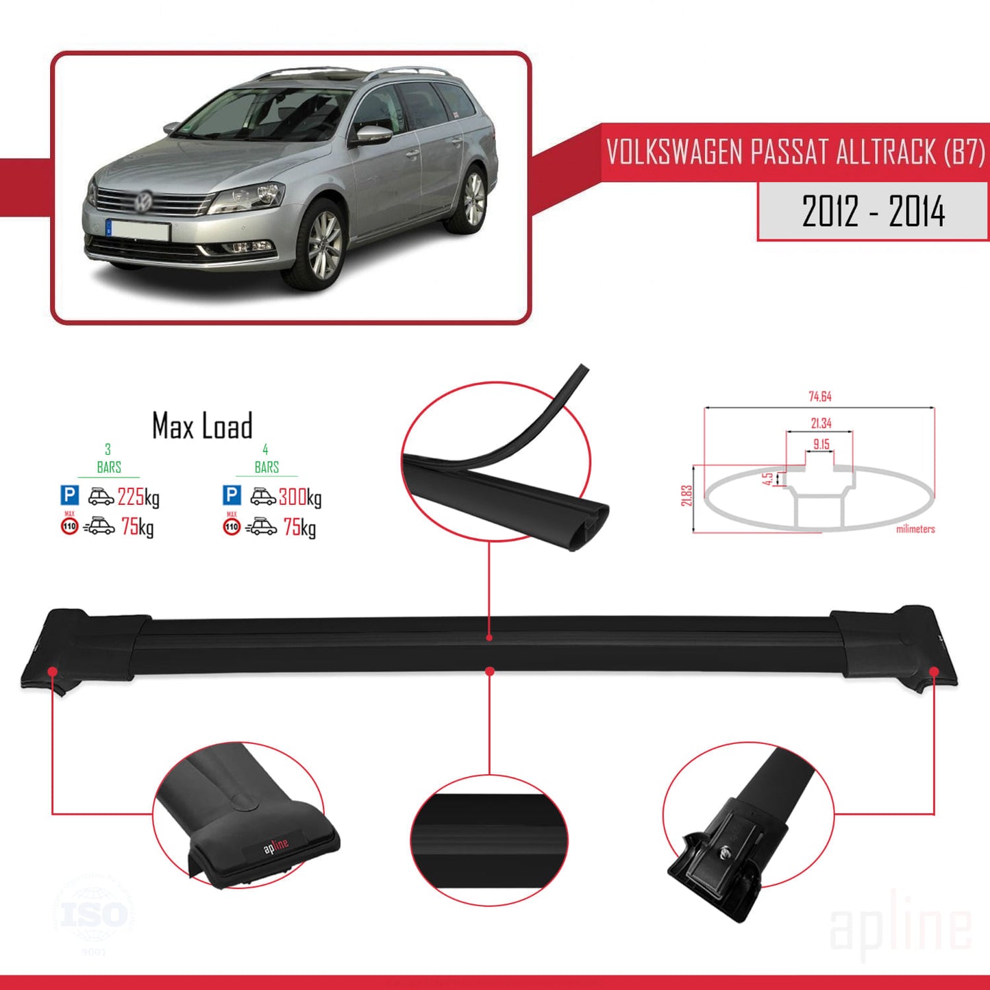 Compatible avec Volkswagen Passat B7 (3C) Alltrack 2012-2014 FLY Model Barres de Toit Railing Porte-Bagages de Voiture Noir Aluminium 3 Barres