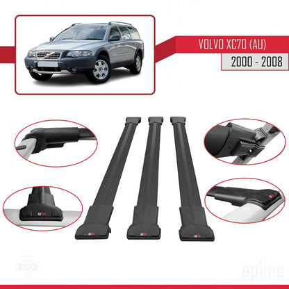 Compatible avec Volvo XC70 (P2) 2000-2007 FLY Model Barres de Toit Railing Porte-Bagages de Voiture Noir Aluminium 3 Barres