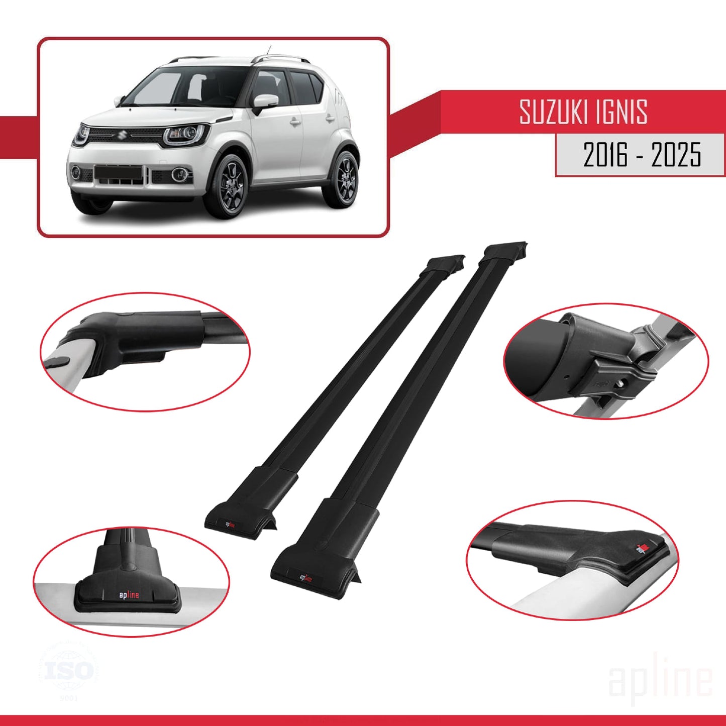 Compatible avec Suzuki Ignıs 2016-2025 FLY Model Barres de Toit Railing Porte-Bagages de Voiture Noir Aluminium 2 Barres