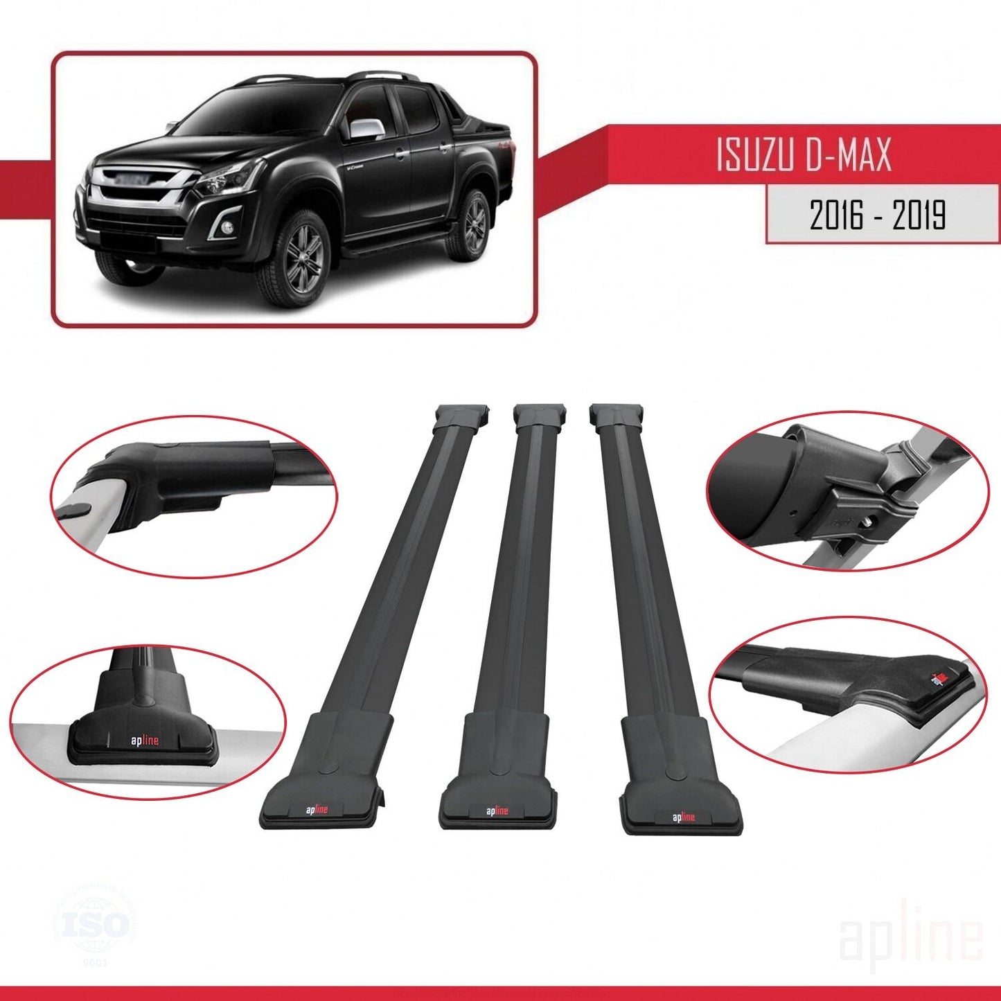 Compatible avec Isuzu D-Max 2 (RT85) Post-Facelift 2016-2019 FLY Model Barres de Toit Railing Porte-Bagages de Voiture Noir Aluminium 3 Barres