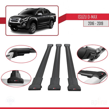 Compatible avec Isuzu D-Max 2 (RT85) Post-Facelift 2016-2019 FLY Model Barres de Toit Railing Porte-Bagages de Voiture Noir Aluminium 3 Barres