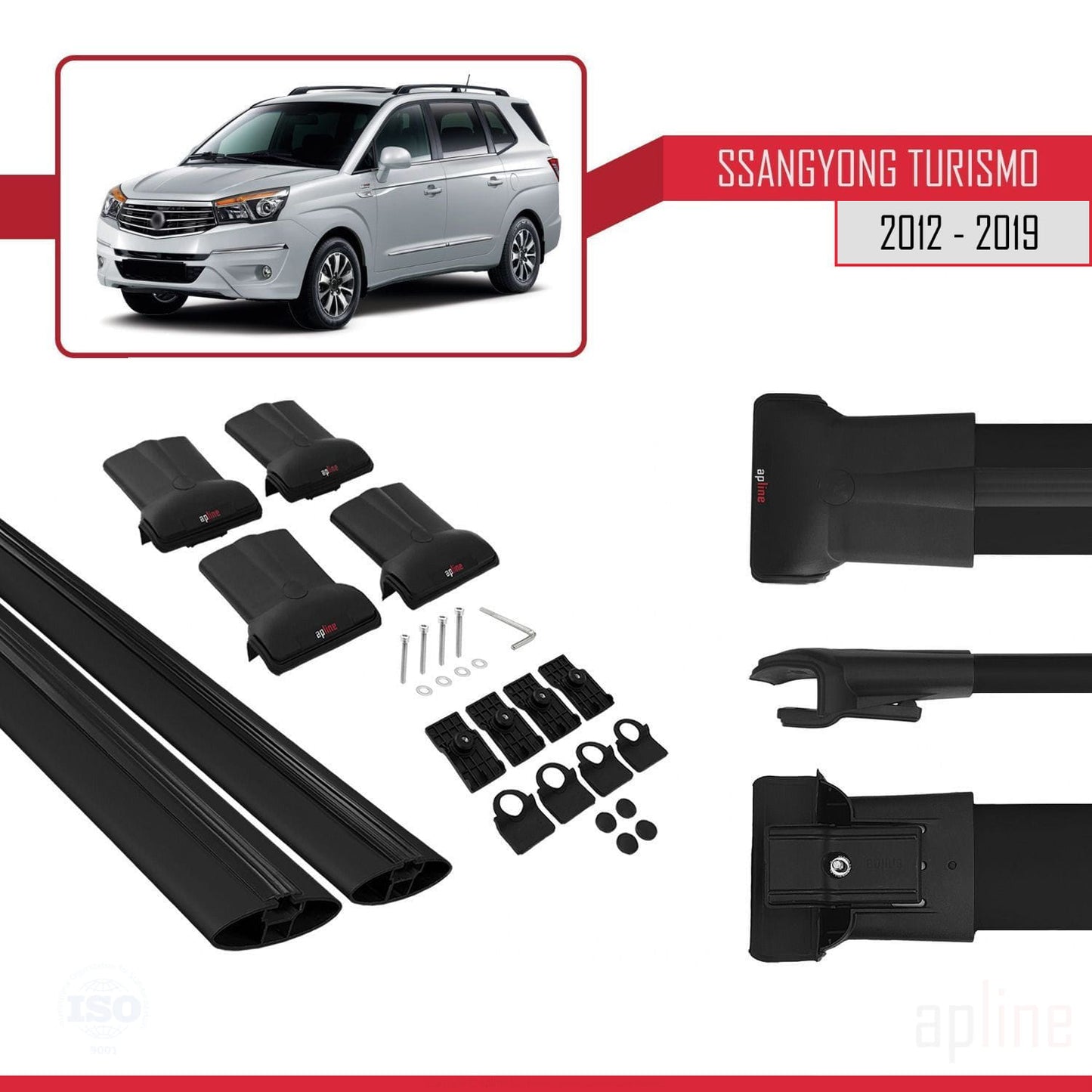 Compatible avec Ssangyong Turismo 2012-2019 FLY Model Barres de Toit Railing Porte-Bagages de Voiture Noir Aluminium 2 Barres