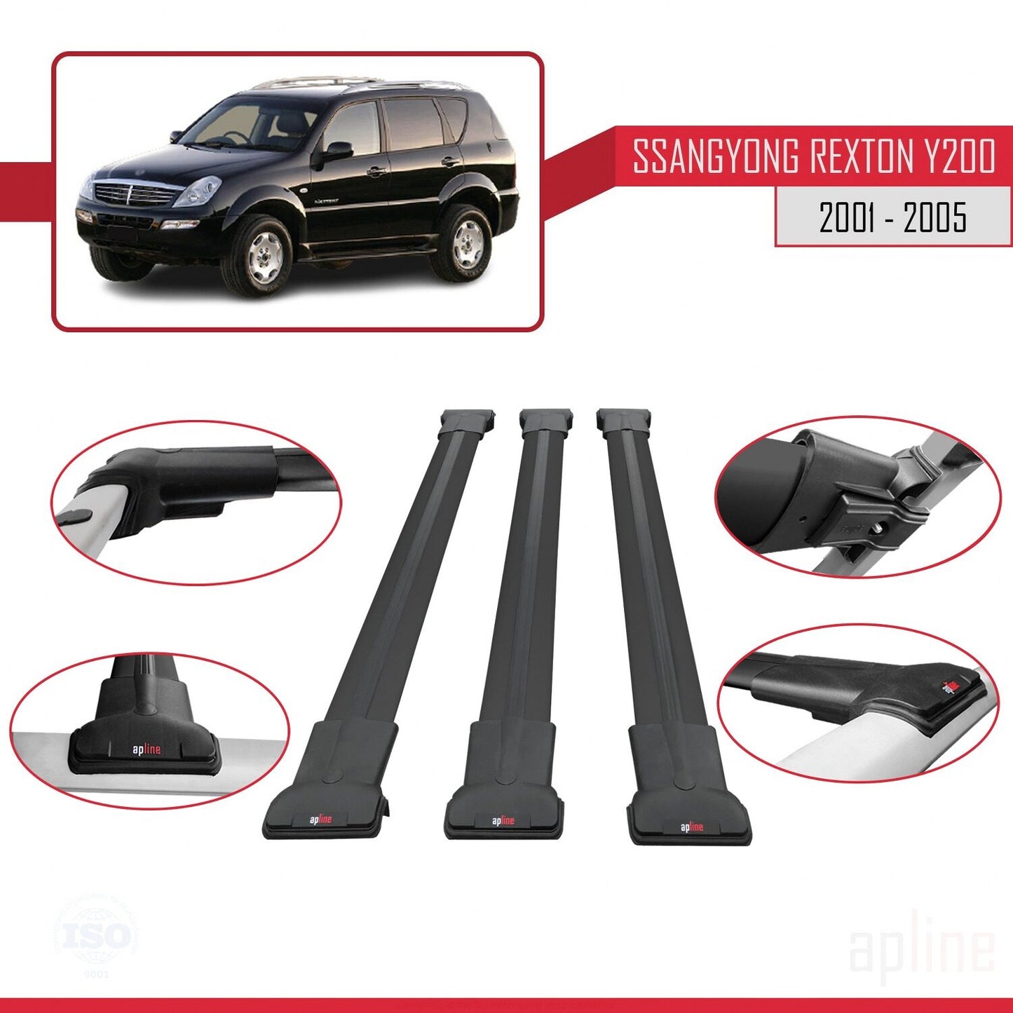 Compatible avec Ssangyong Rexton (Y200) 2001-2005 FLY Model Barres de Toit Railing Porte-Bagages de Voiture Noir Aluminium 3 Barres