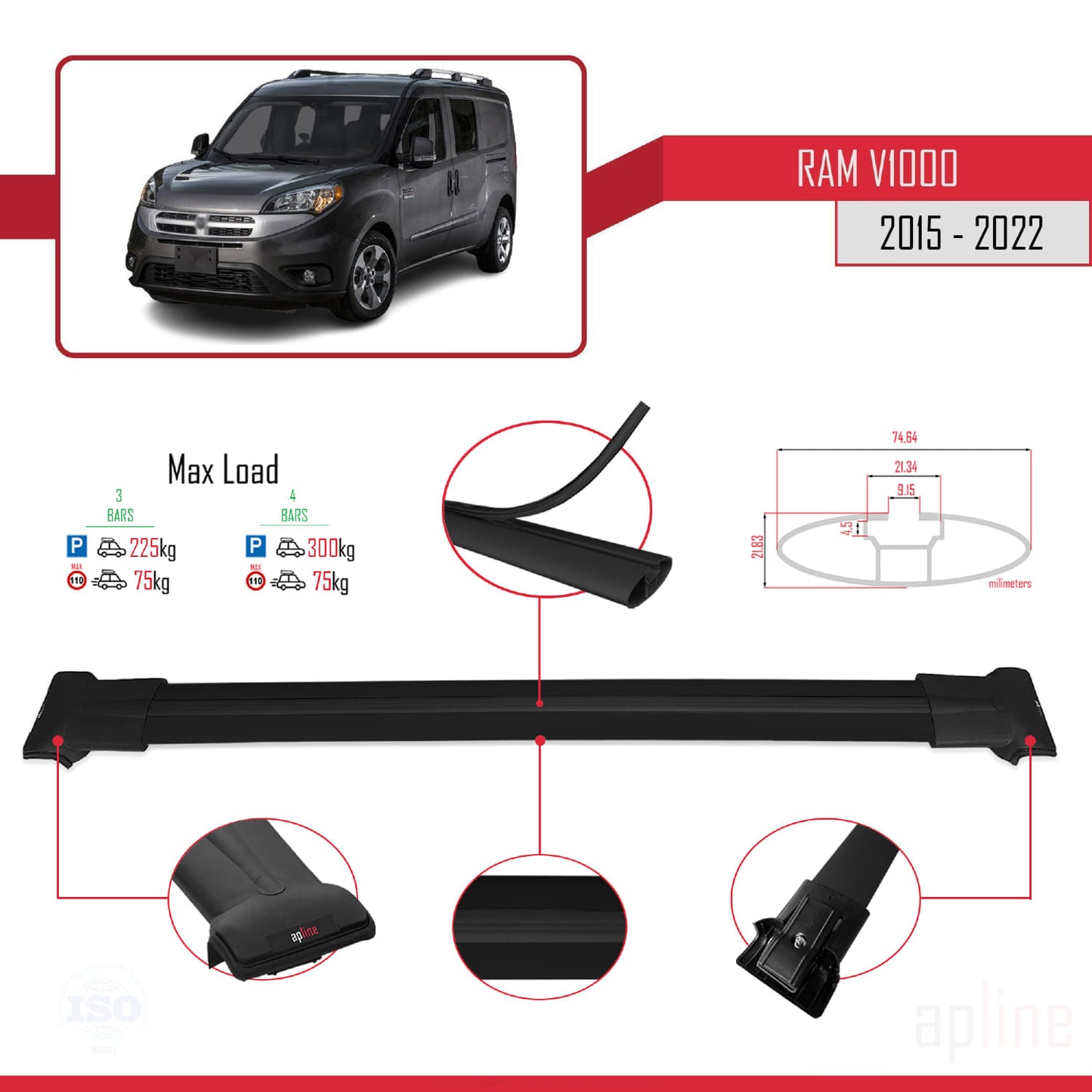Compatible with Ram V1000 2015-2022 FLY Model Car Roof Rack Cross Bar Black Aluminium 3 Bars