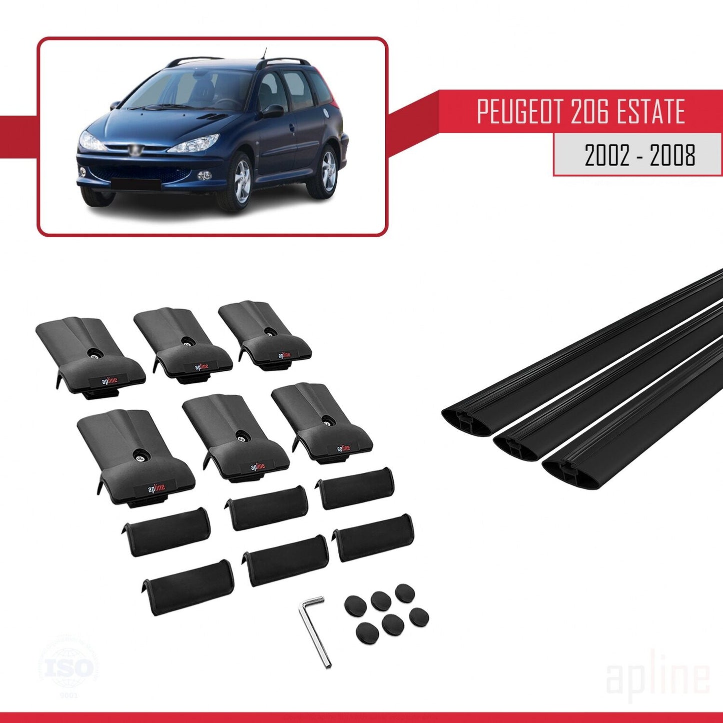 Compatible avec Peugeot 206 Break 2002-2008 FLY Model Barres de Toit Railing Porte-Bagages de Voiture Noir Aluminium 3 Barres