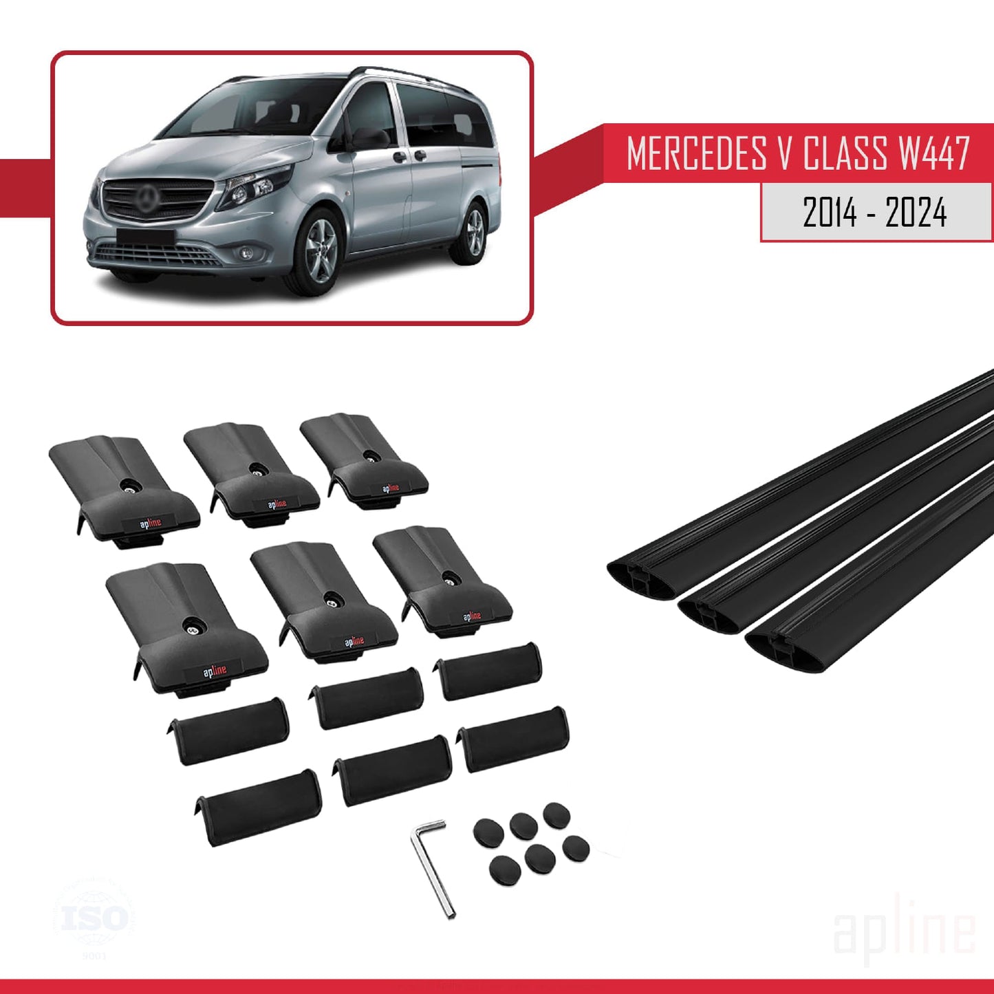 Compatible avec Mercedes Classe V 3 (W447) 2014-2025 FLY Model Barres de Toit Railing Porte-Bagages de Voiture Noir Aluminium 3 Barres