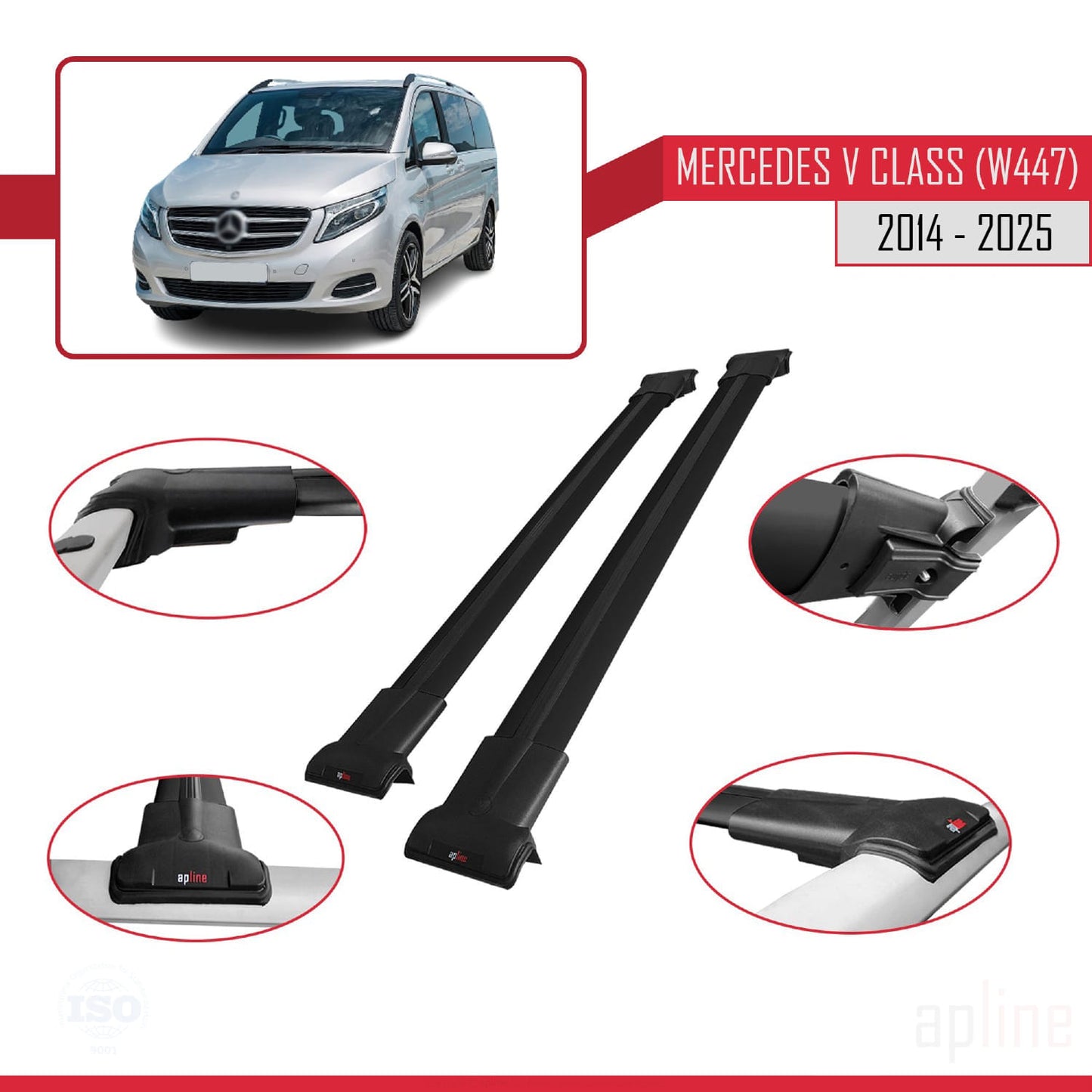 Compatible avec Mercedes Classe V 3 (W447) 2014-2025 FLY Model Barres de Toit Railing Porte-Bagages de Voiture Noir Aluminium 4 Barres