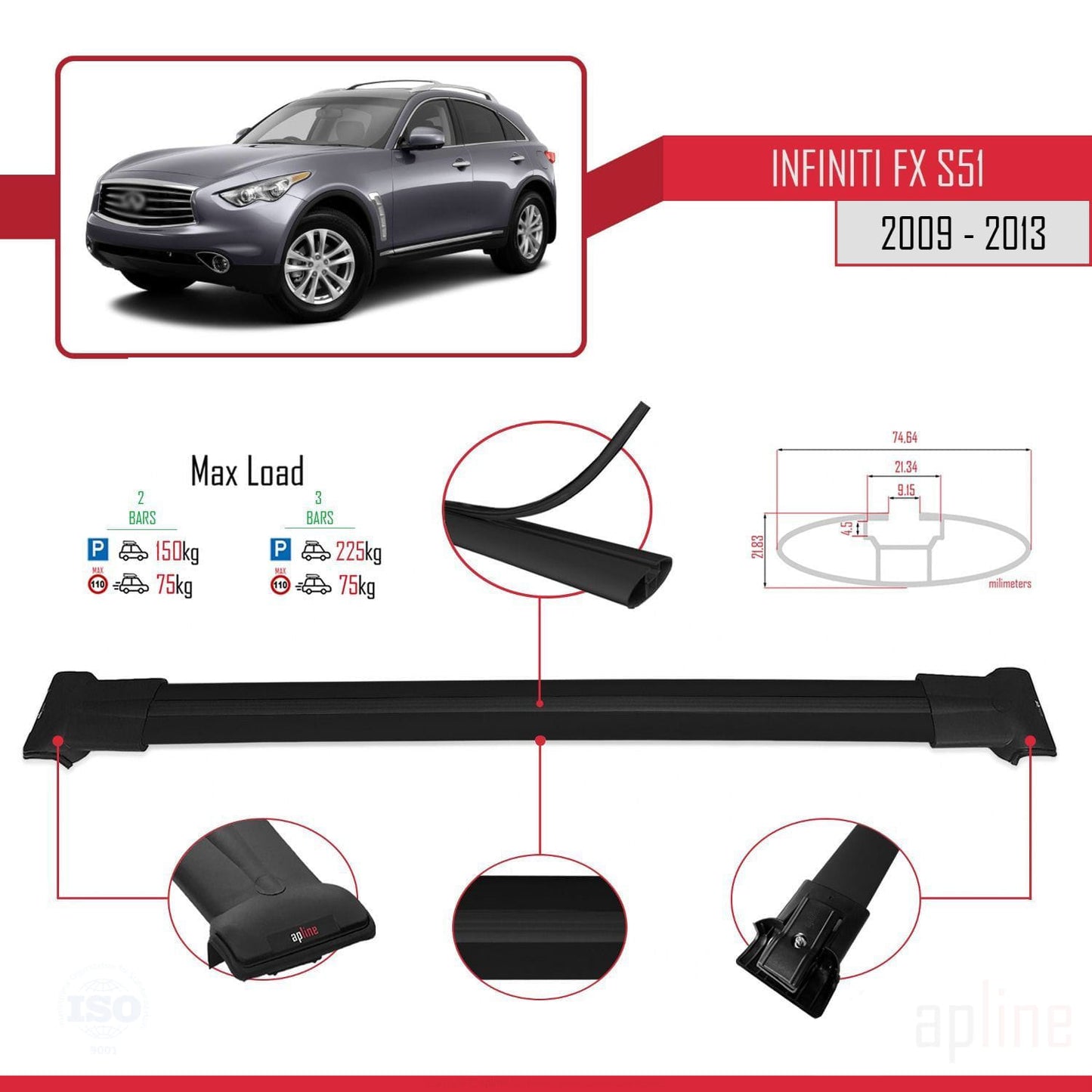 Compatible avec Infiniti FX 2 (S51) 2009-2013 FLY Model Barres de Toit Railing Porte-Bagages de Voiture Noir Aluminium 2 Barres