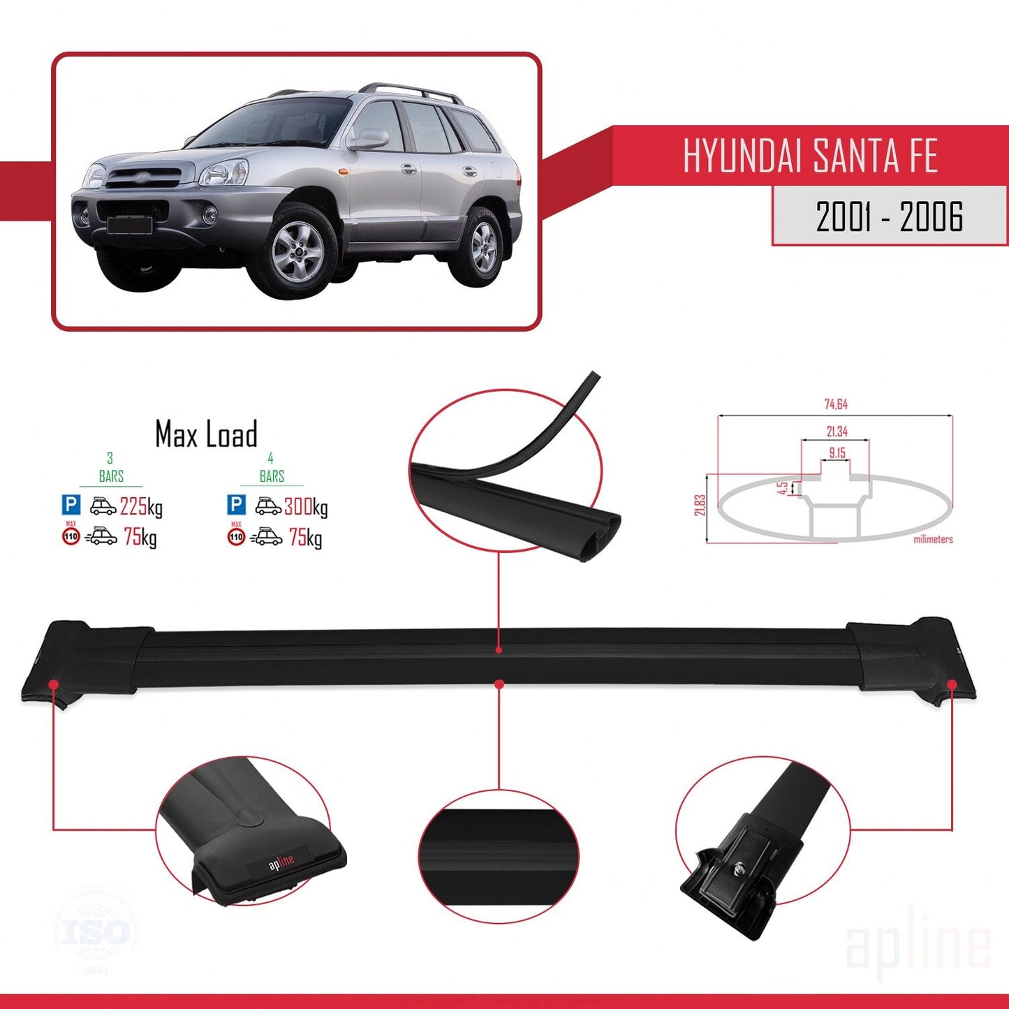 Compatible with Hyundai Santa Fe (SM) 2001-2006 FLY Model Car Roof Rack Cross Bar Black Aluminium 3 Bars