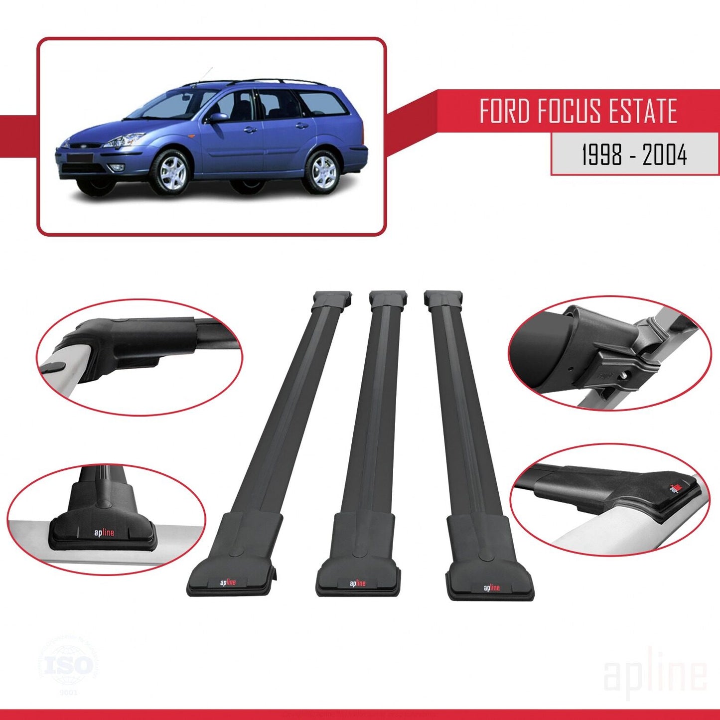 Compatible with Ford Focus (C170) SW 1998-2004 FLY Model Car Roof Rack Cross Bar Black Aluminium 3 Bars